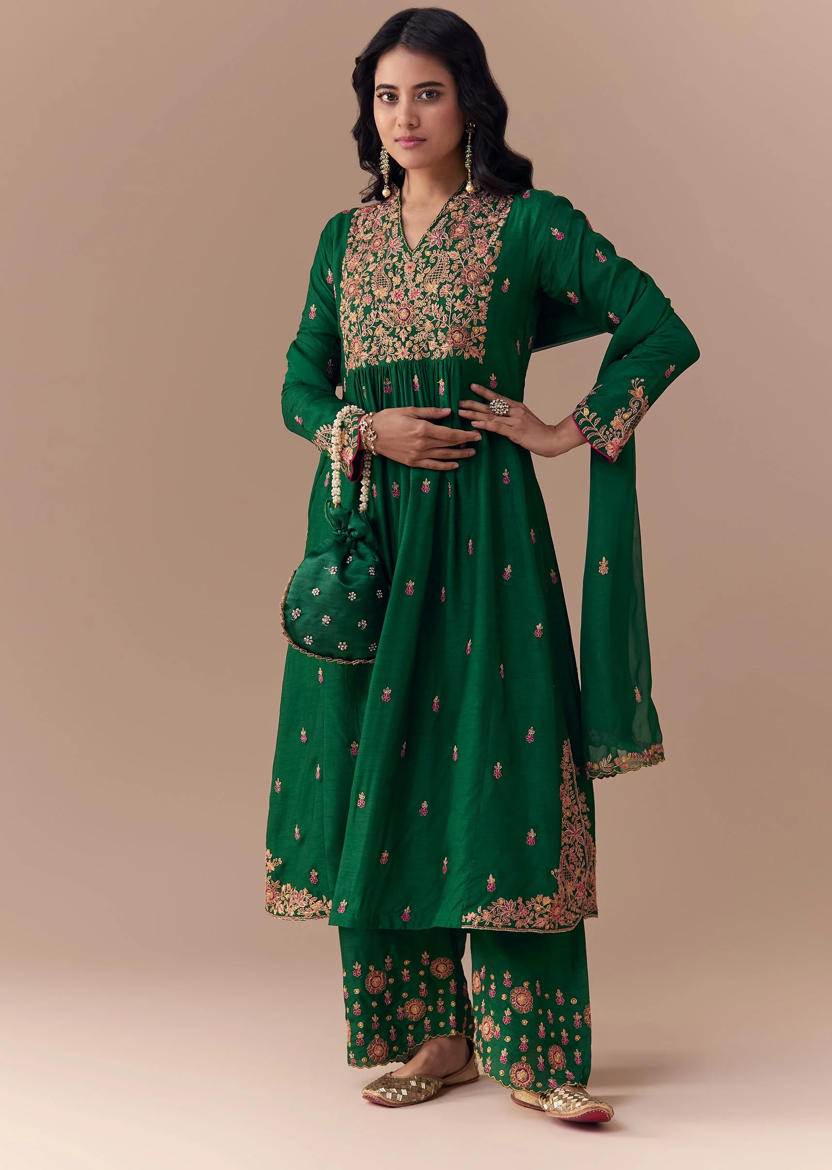 Green Raw Silk Zari Embellished Anarkali Set