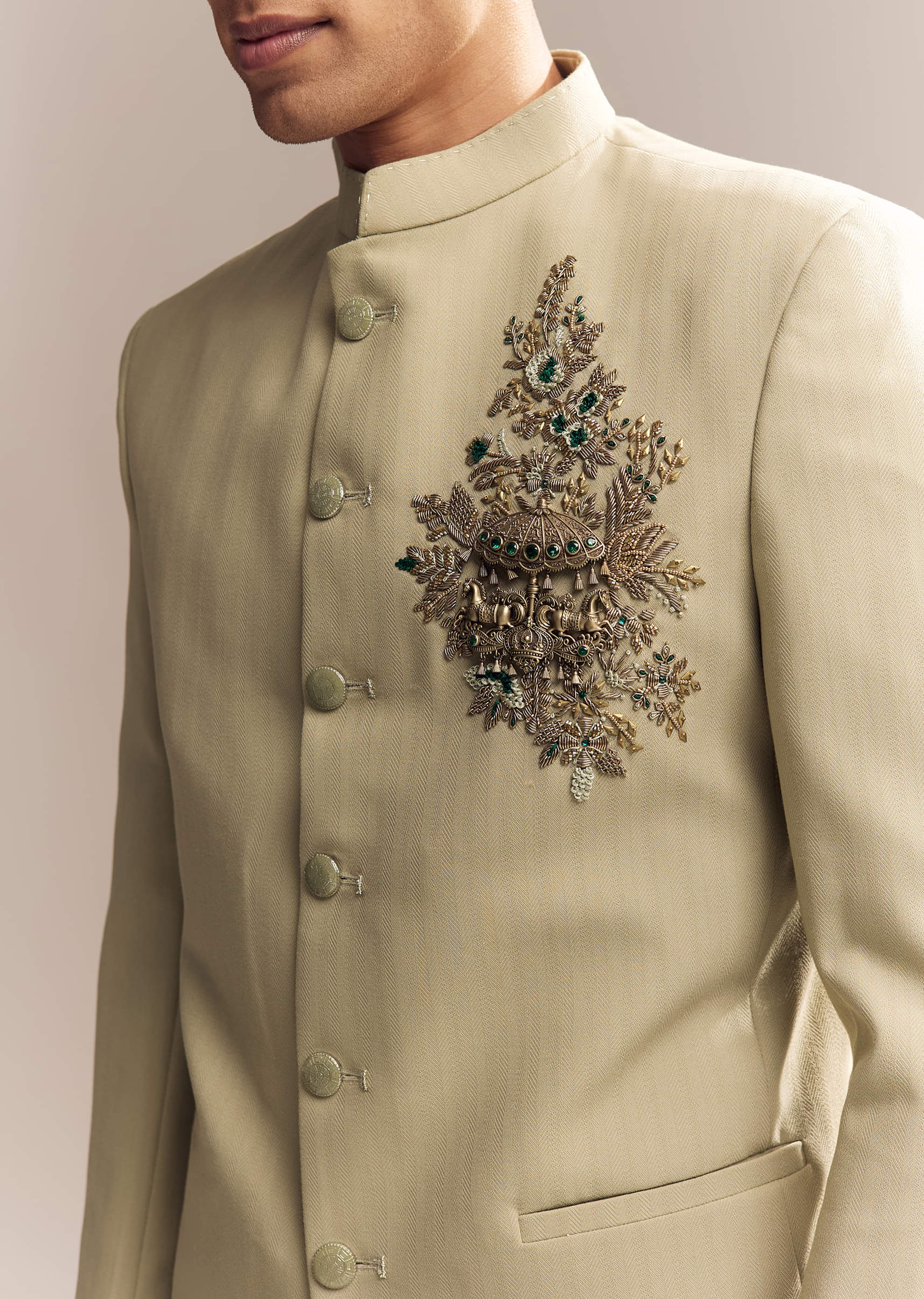 Green Rayon Jodhpuri Suit For Men With Zardosi Embroidery And Brooch