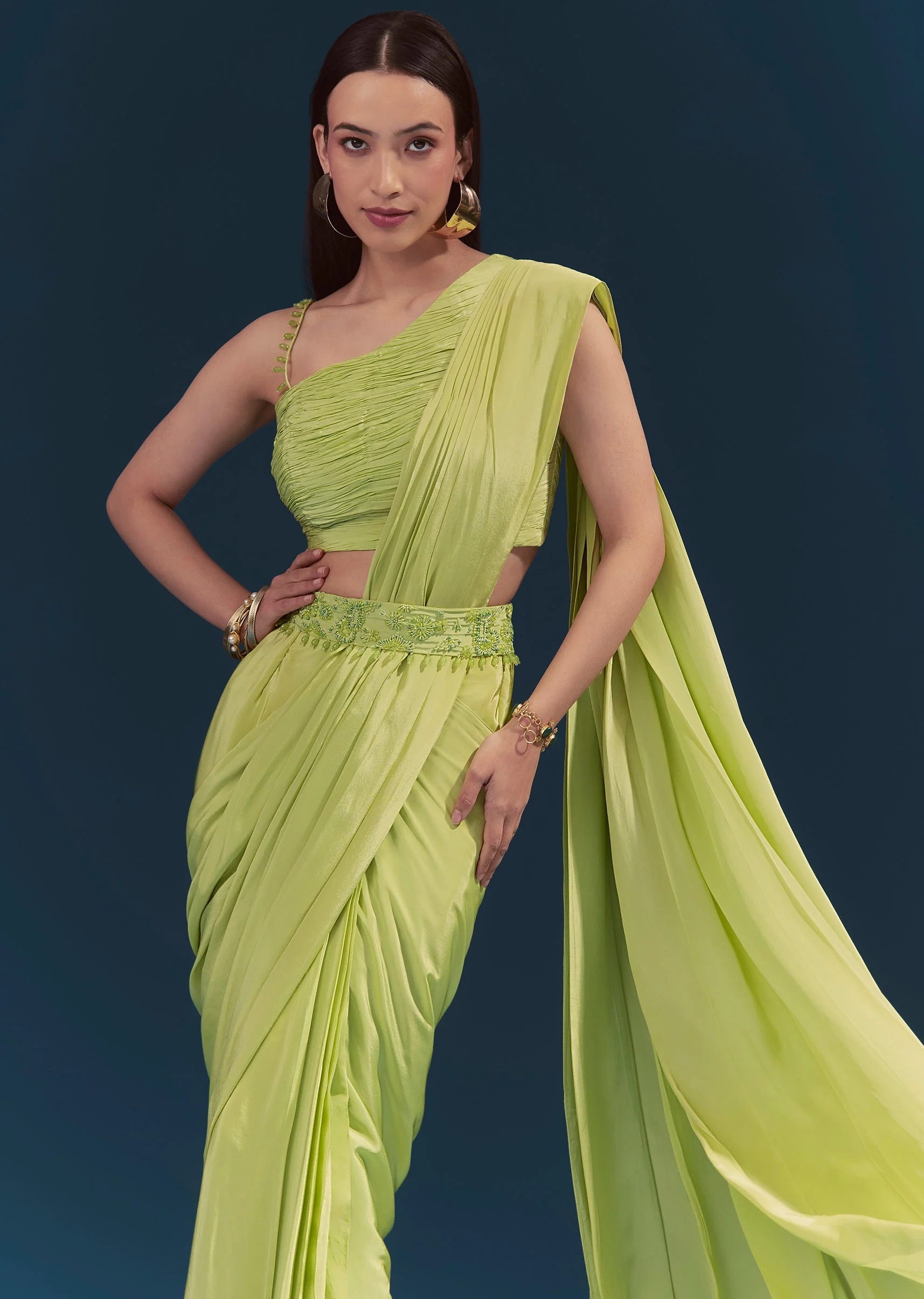 Green Ready Pleated Saree With Belt - Image 5