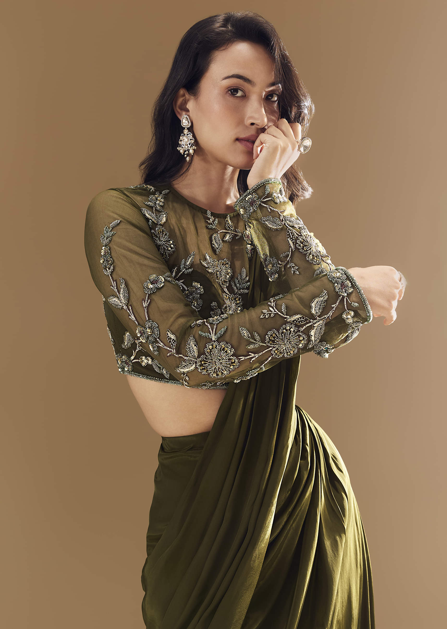 Green Ready Pleated Saree with Cutdana Blouse - Image 3