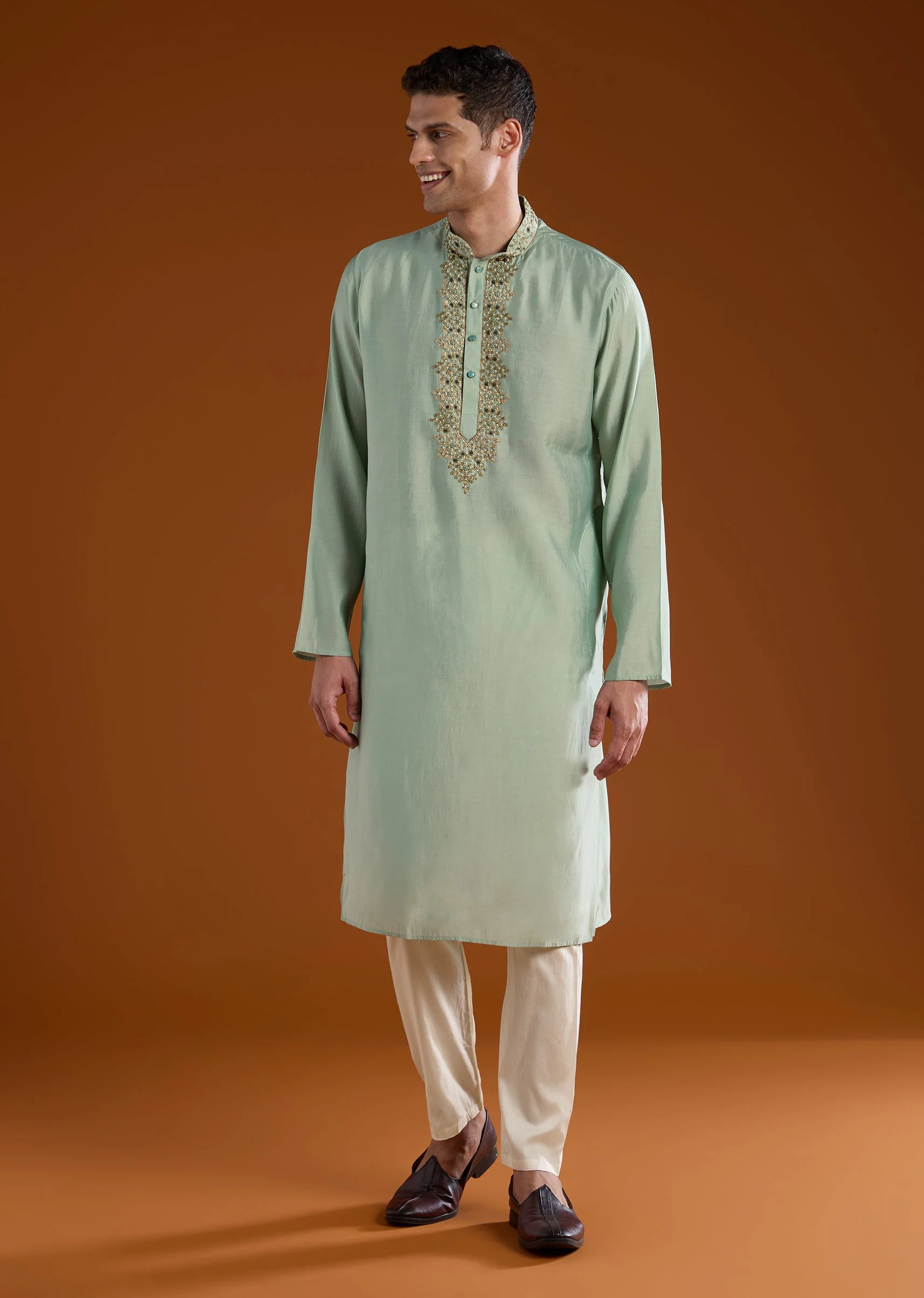 Green Resham Embroidered Mens Kurta Pant Set - Image 2