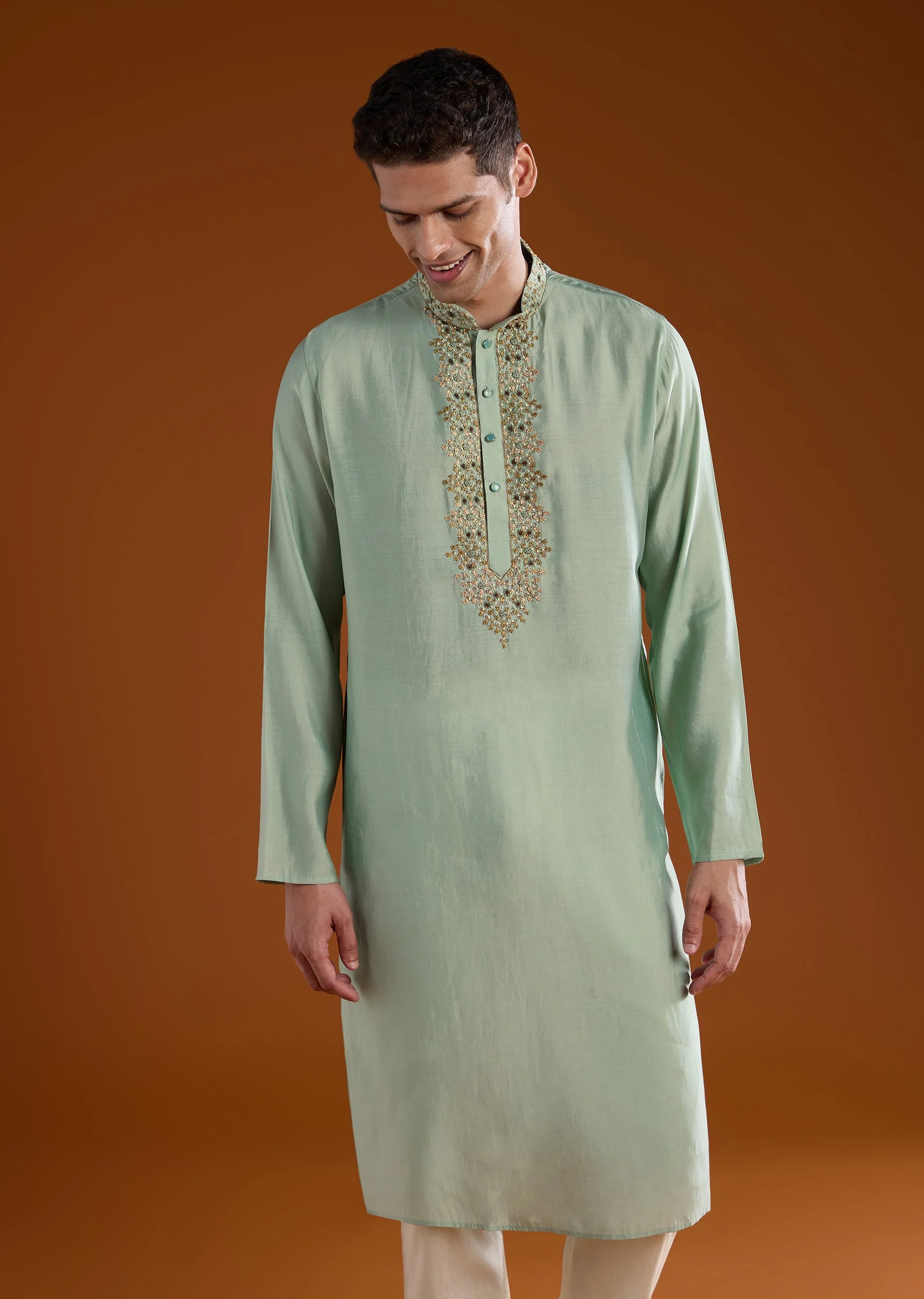 Green Resham Embroidered Mens Kurta Pant Set - Image 3