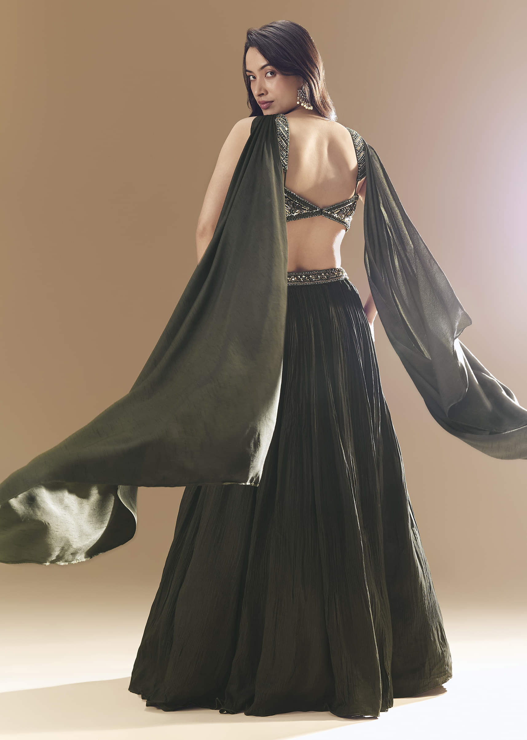 Green Ruched Bridesmaid Lehega with Choker Dupatta - Image 2