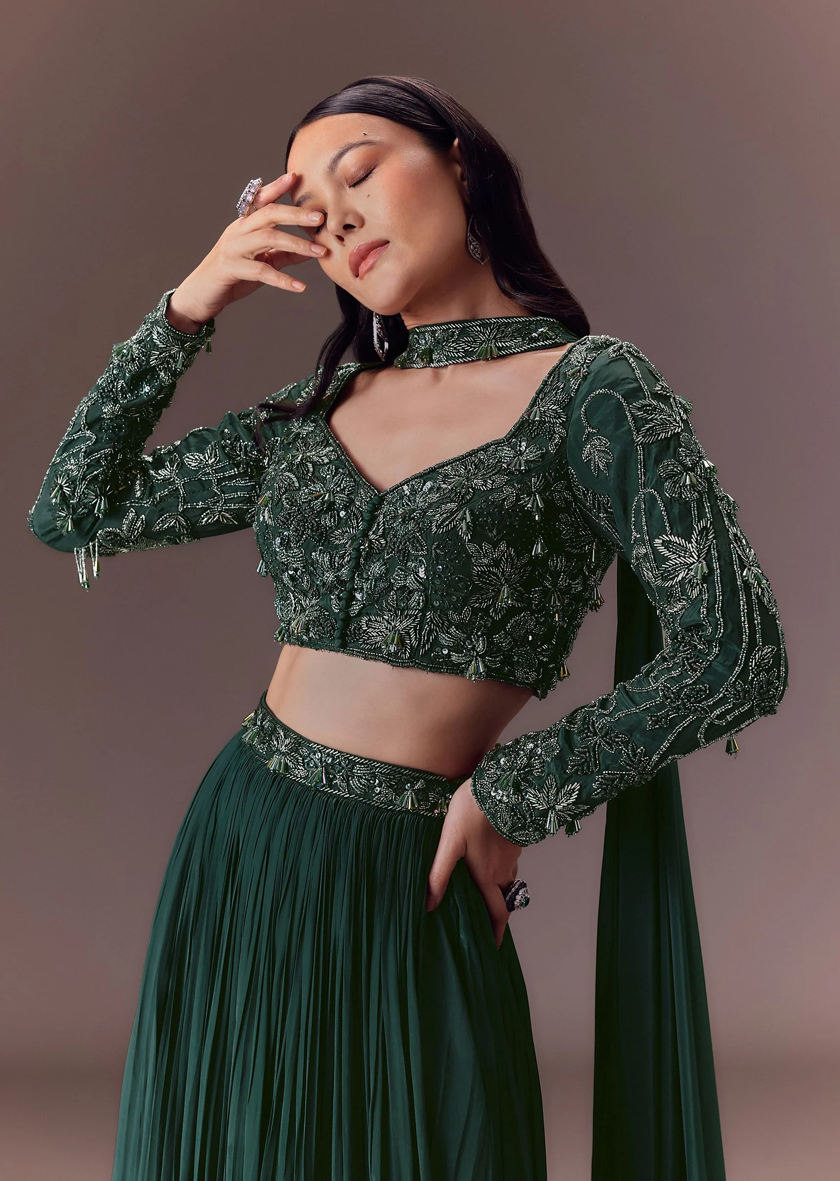 Green Ruched Frill Lehenga Set With Choker Dupatta - Image 2