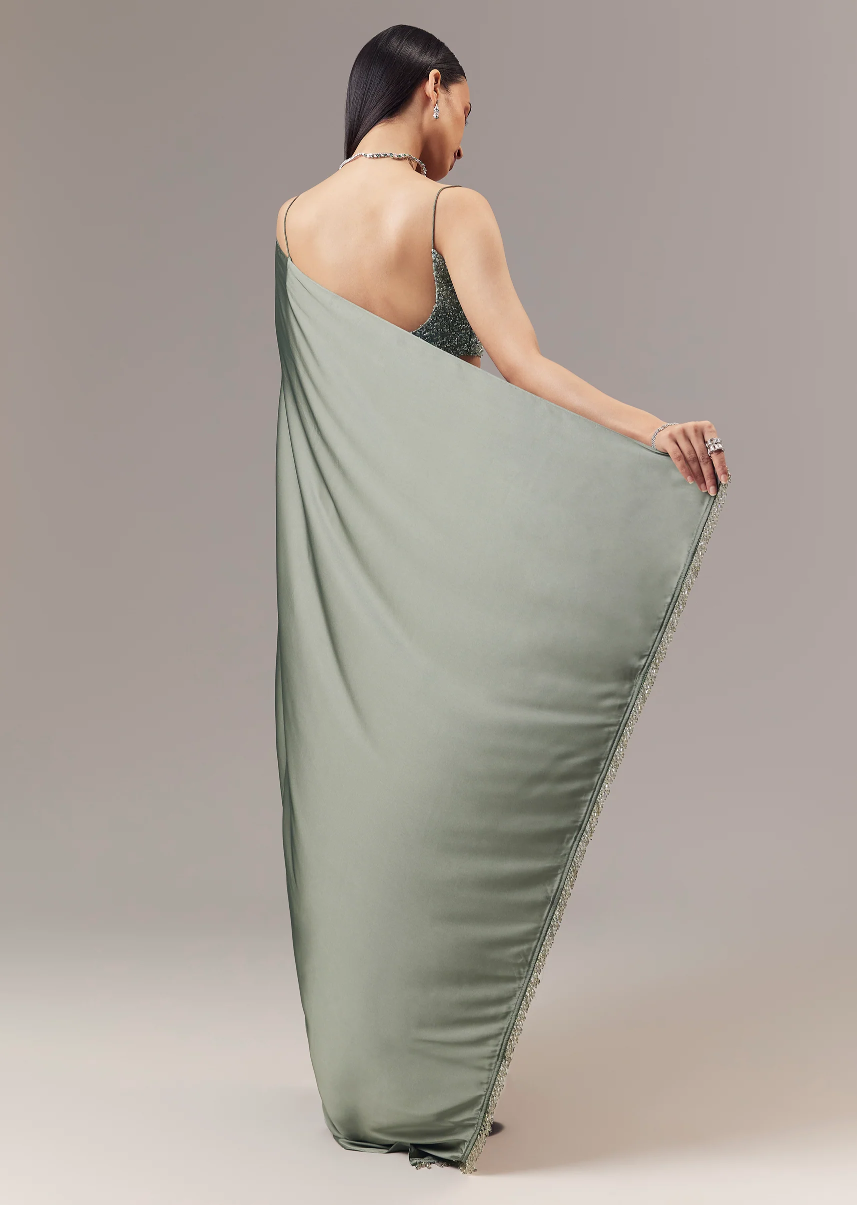 Green Satin Blend Saree With Cut Dana And Sequin Embellished Blouse - Image 4