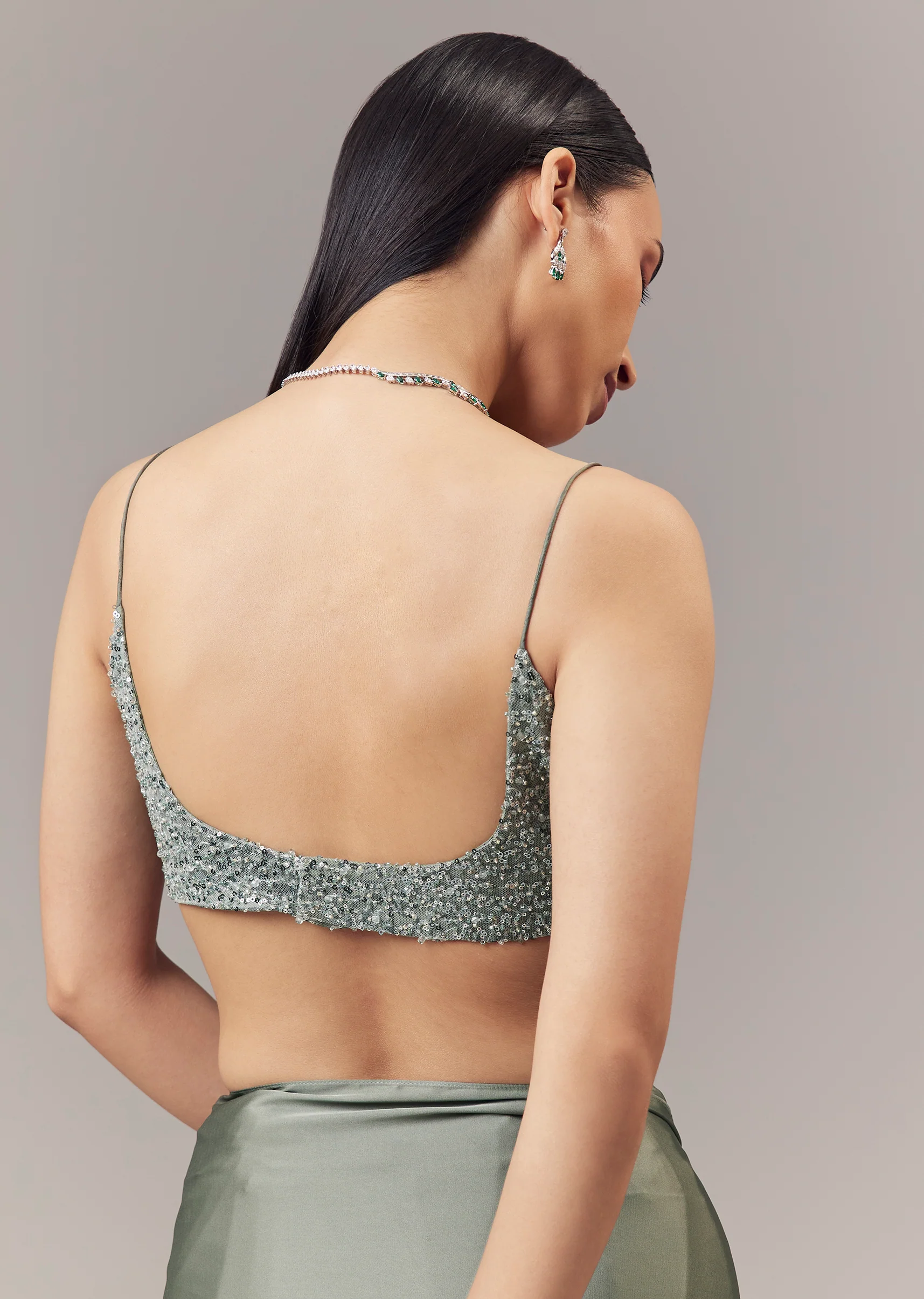 Green Satin Blend Saree With Cut Dana And Sequin Embellished Blouse - Image 8
