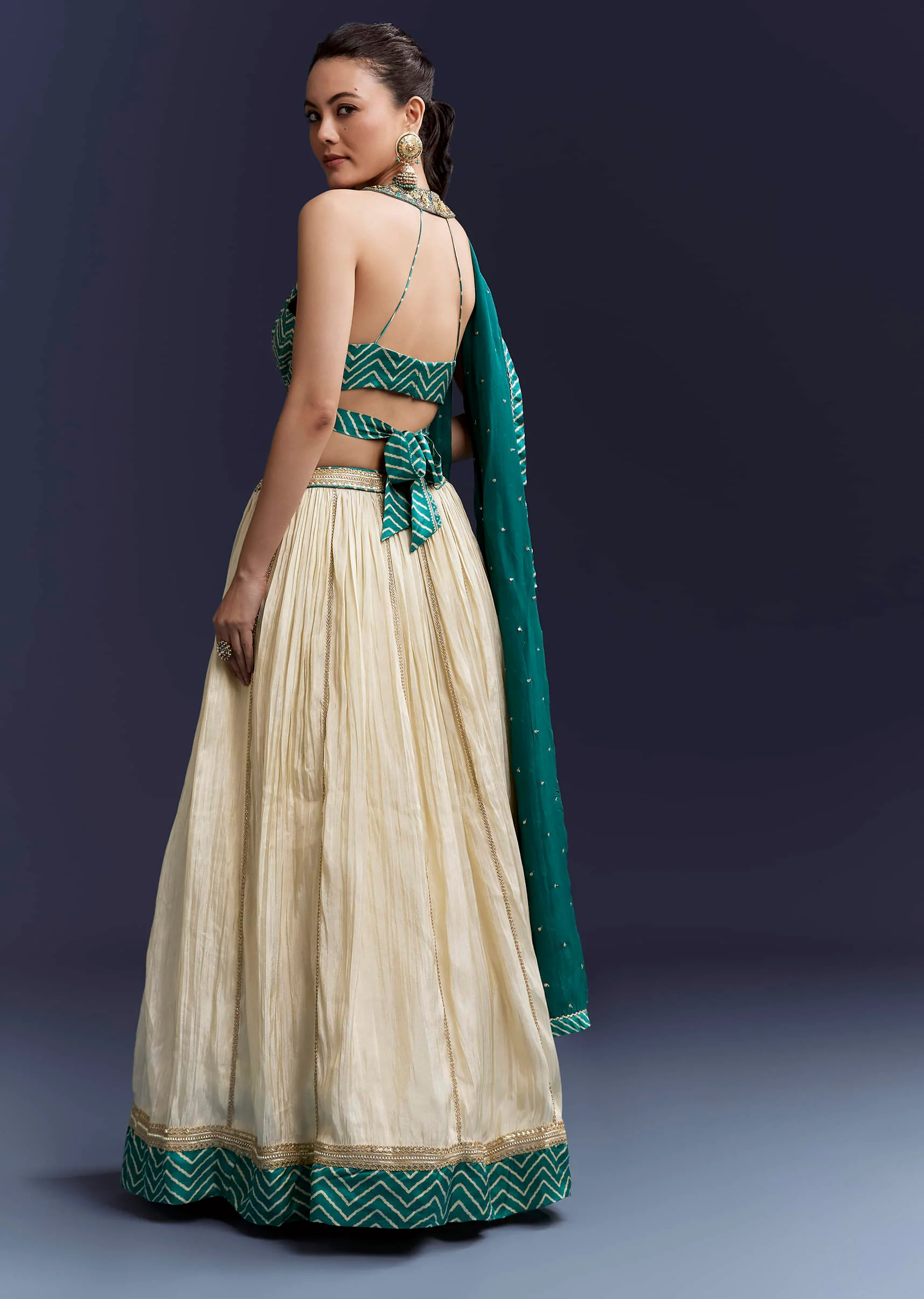 Green Satin Bridesmaid Lehenga With Hand Dyed Chevron Print Choli - Image 2