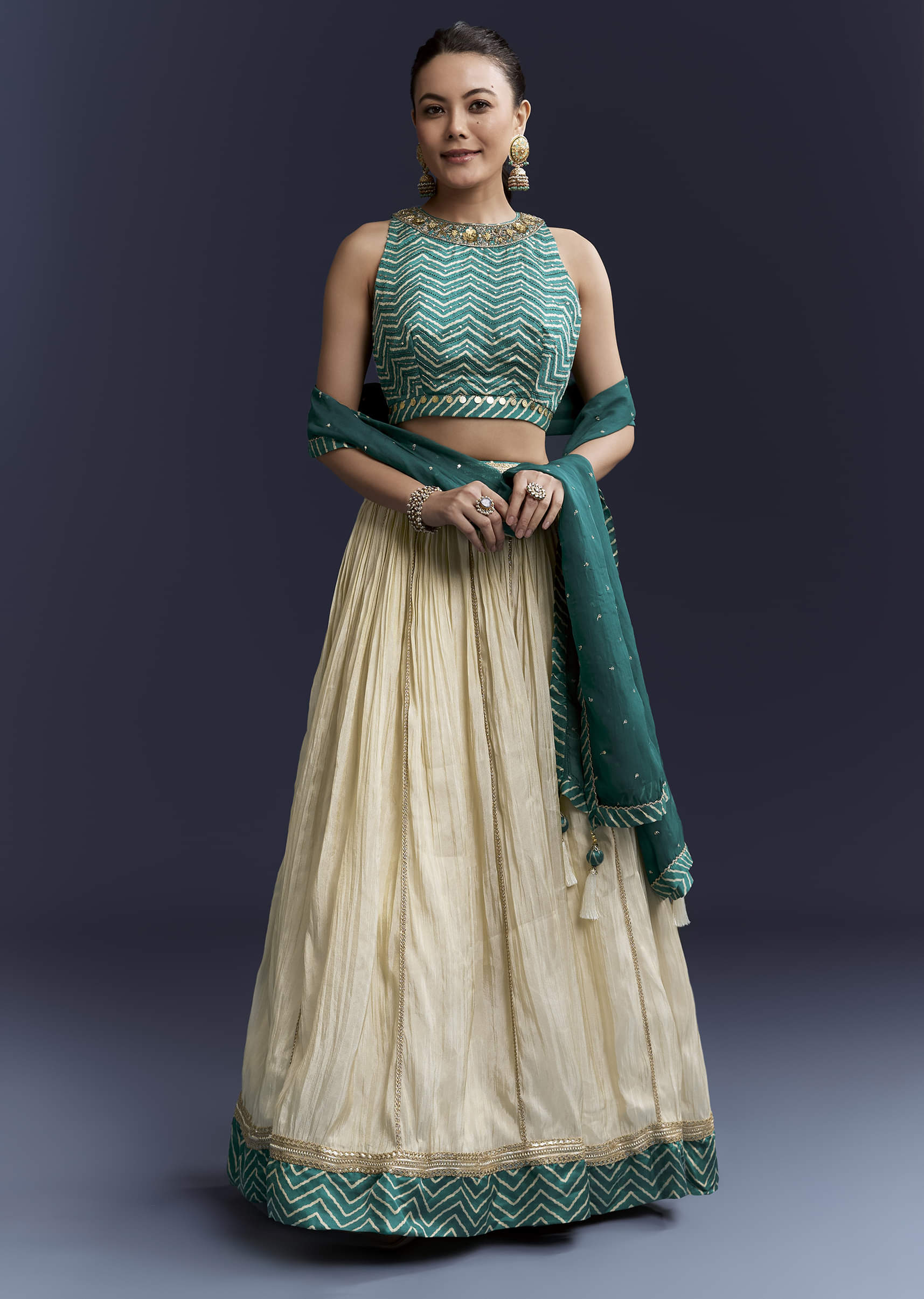Green Satin Bridesmaid Lehenga With Hand Dyed Chevron Print Choli - Image 4