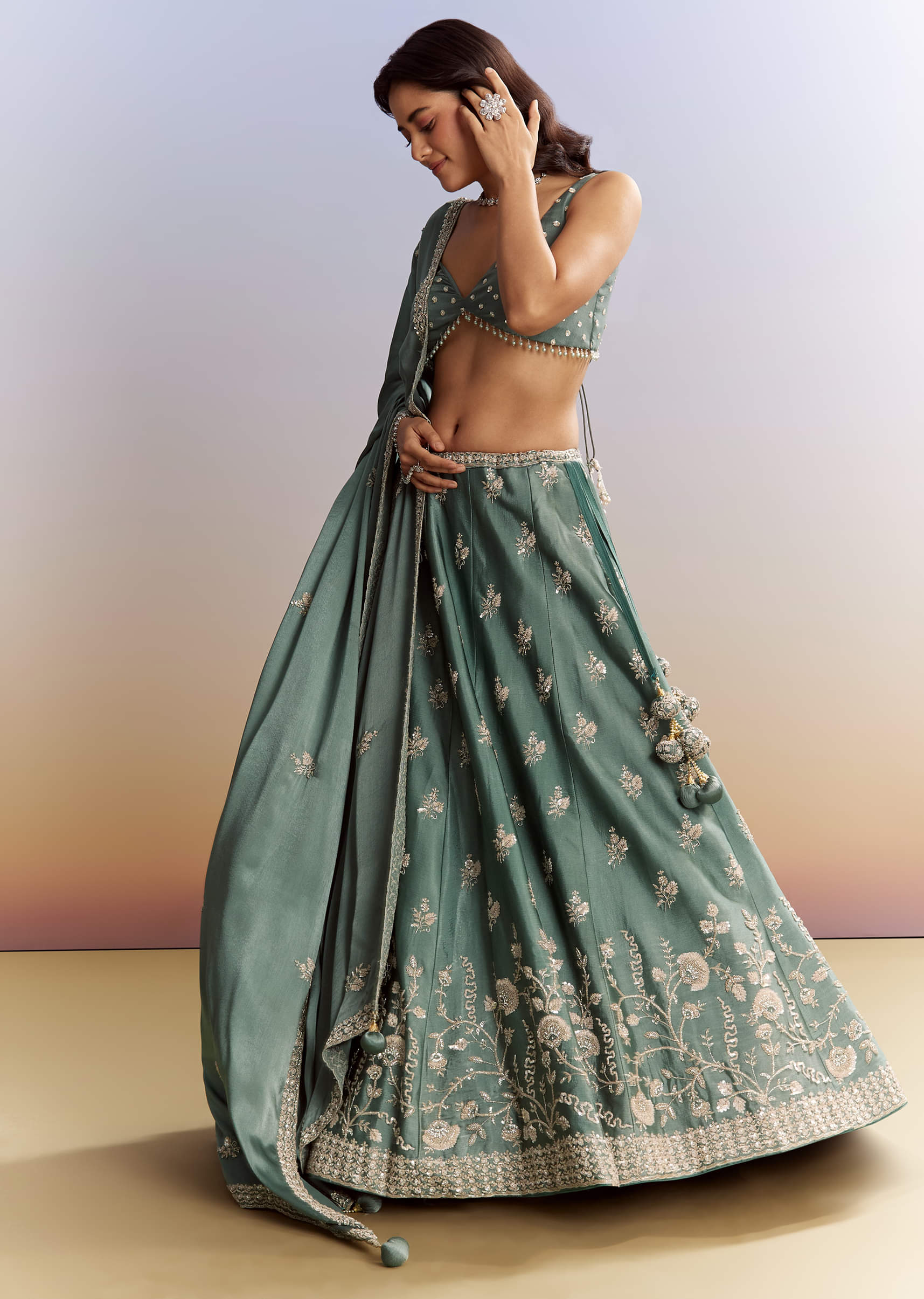 Green Satin Bridesmaid Lehenga With Heavy Embroidery - Image 4