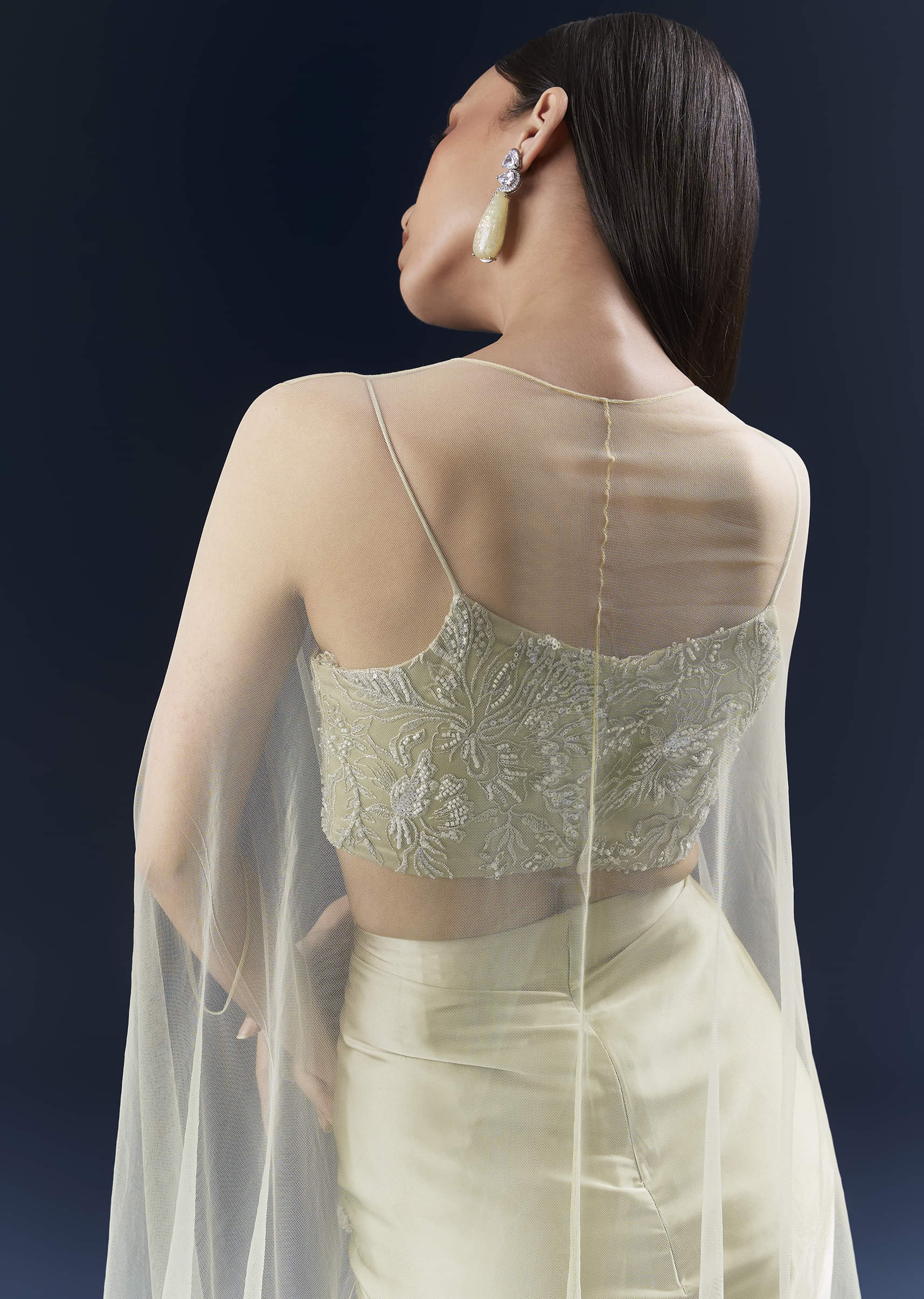 Green Satin Crop Top And Drape Skirt Set With Lace Work - Image 6