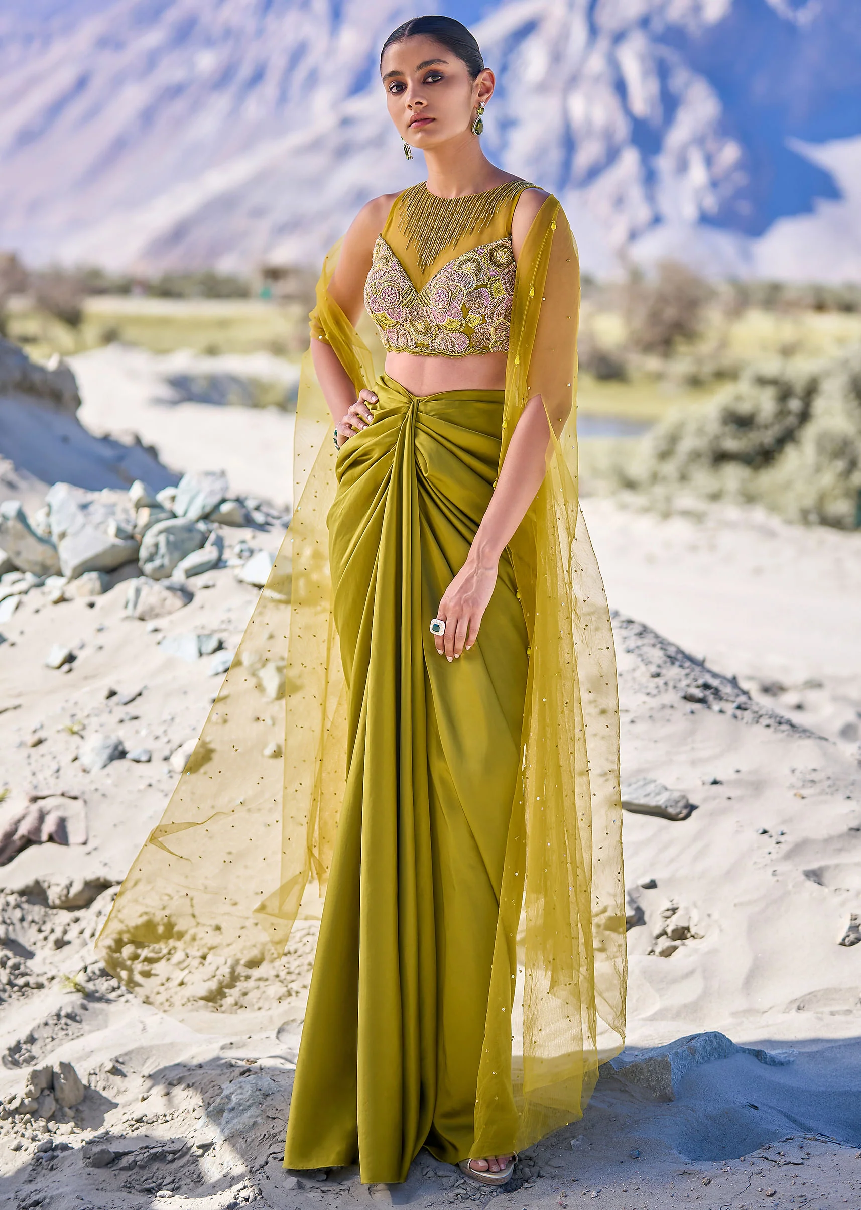 Green Satin Drape Skirt With Embroidered Blouse And Net Cape - Image 3
