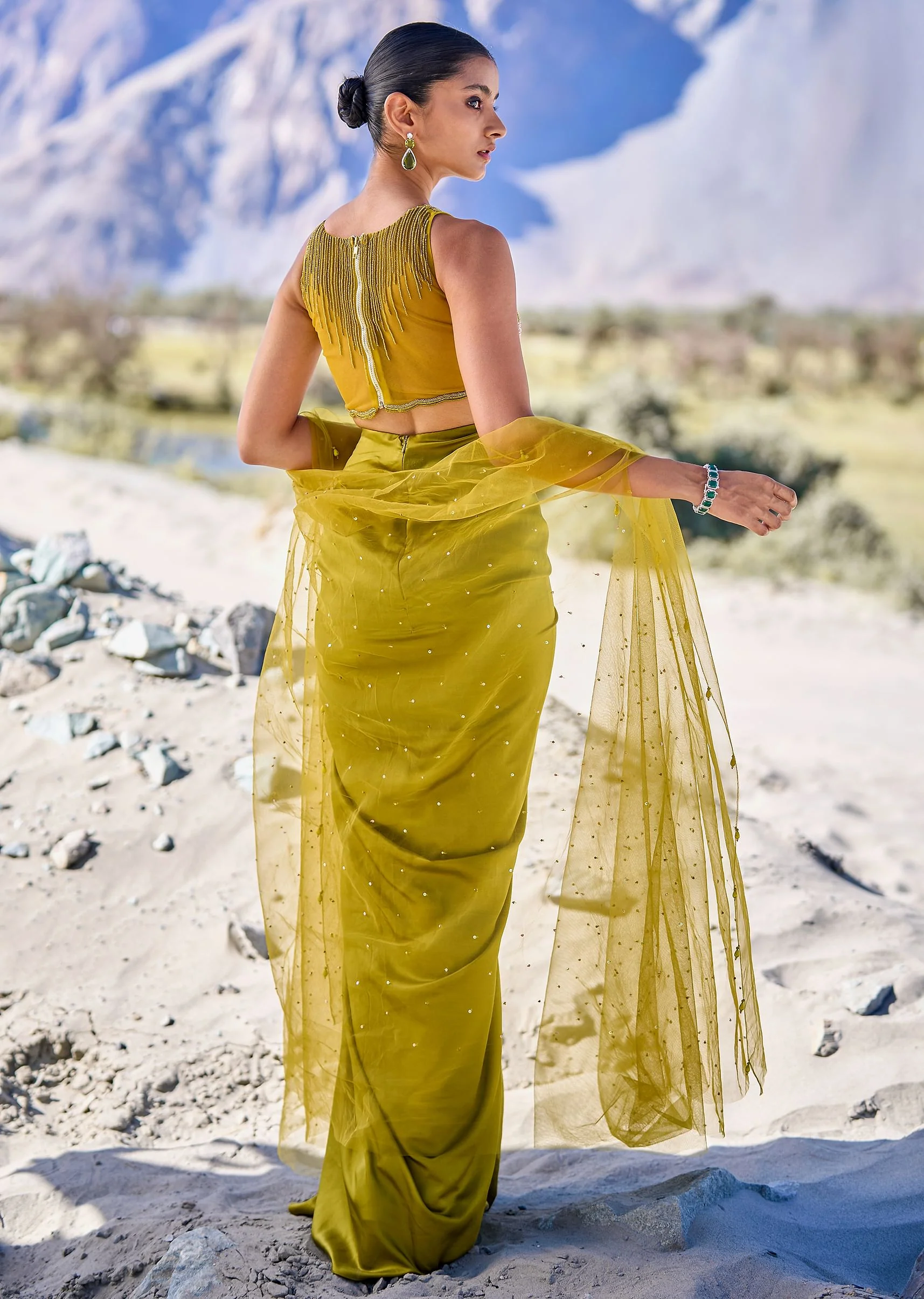 Green Satin Drape Skirt With Embroidered Blouse And Net Cape - Image 5
