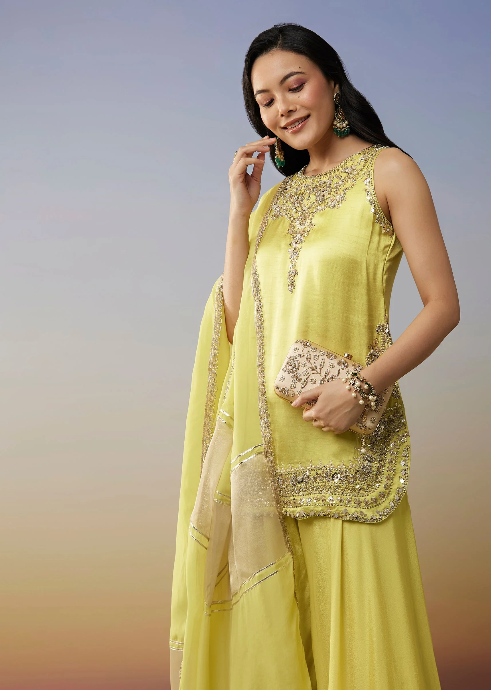 Green Satin Palazzo Suits with Beads Sequins Work - Image 4