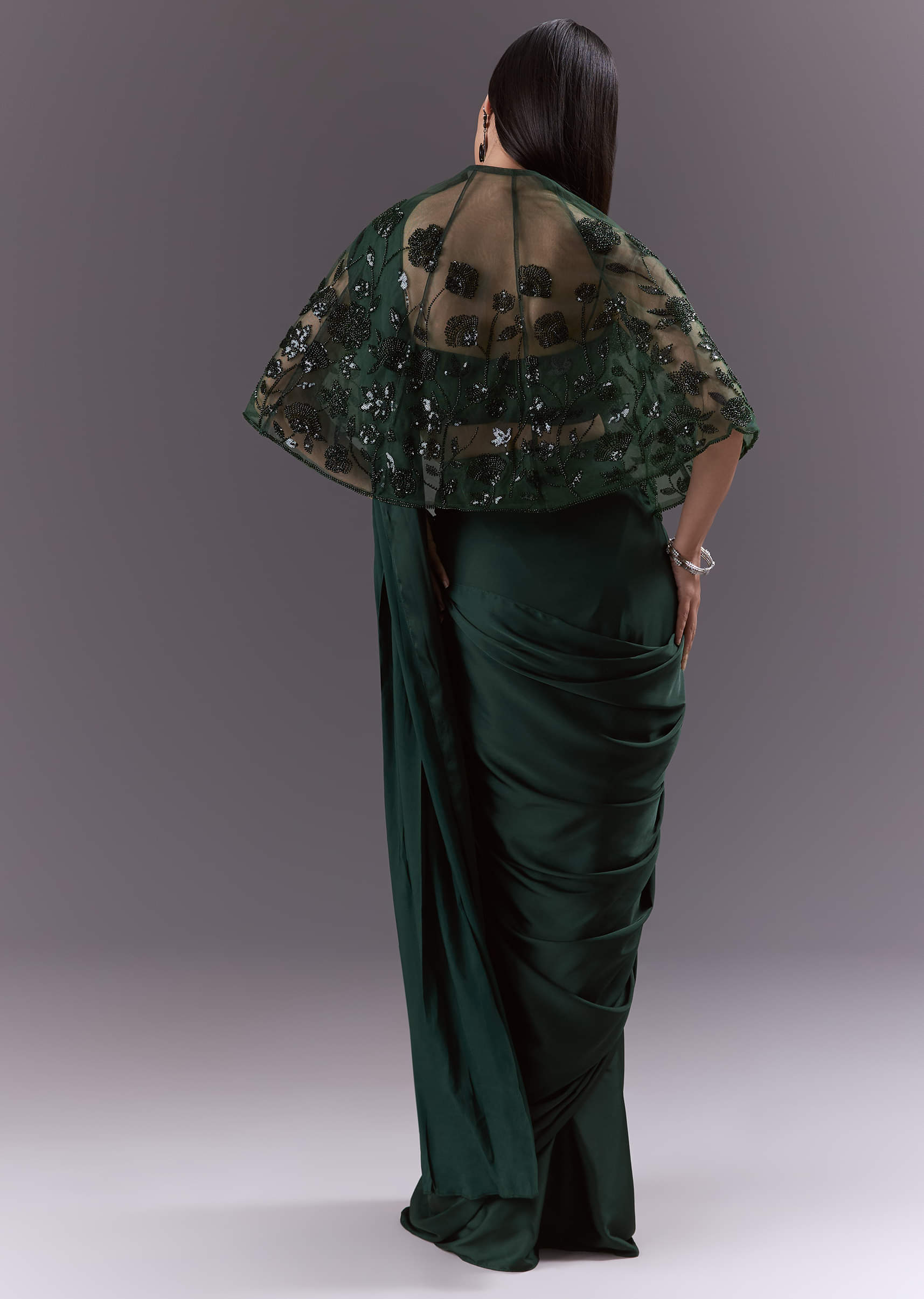 Green Satin Ready Pleated Saree With Embroidery - Image 2