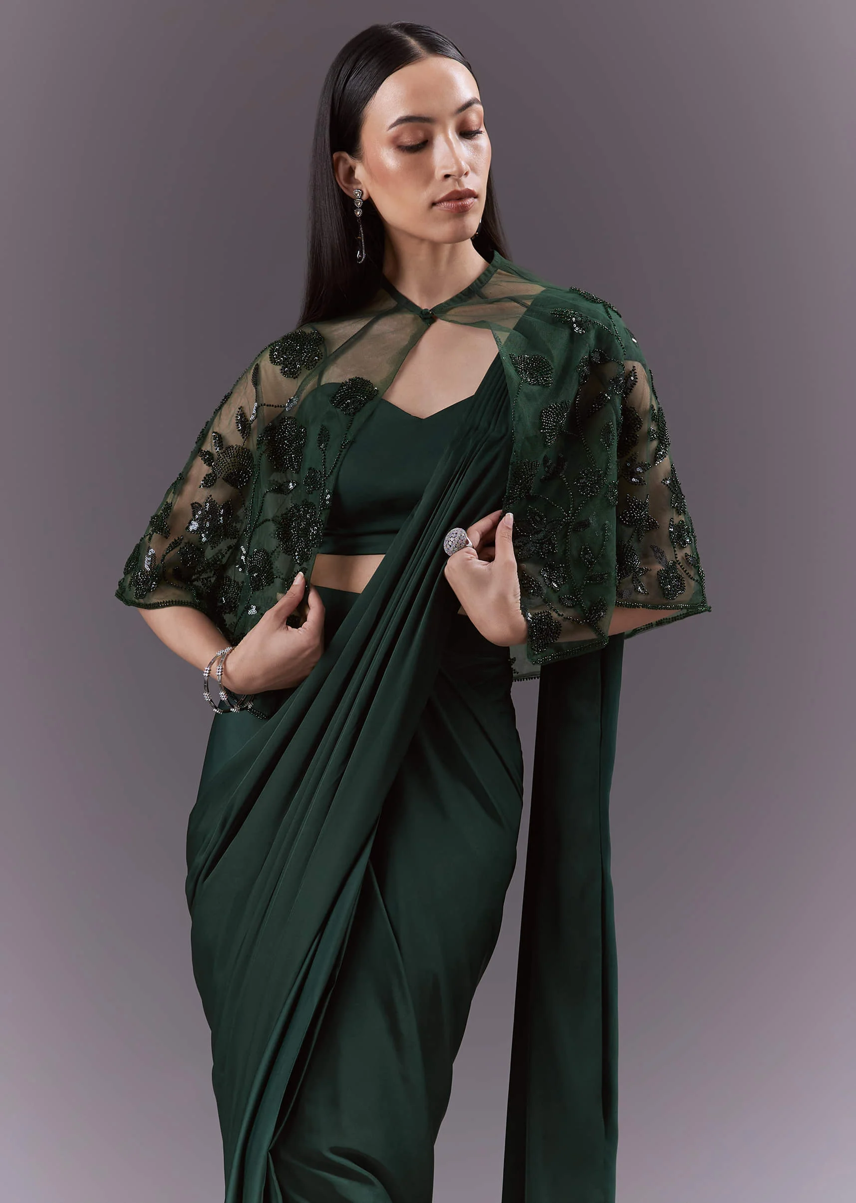 Green Satin Ready Pleated Saree With Embroidery - Image 3