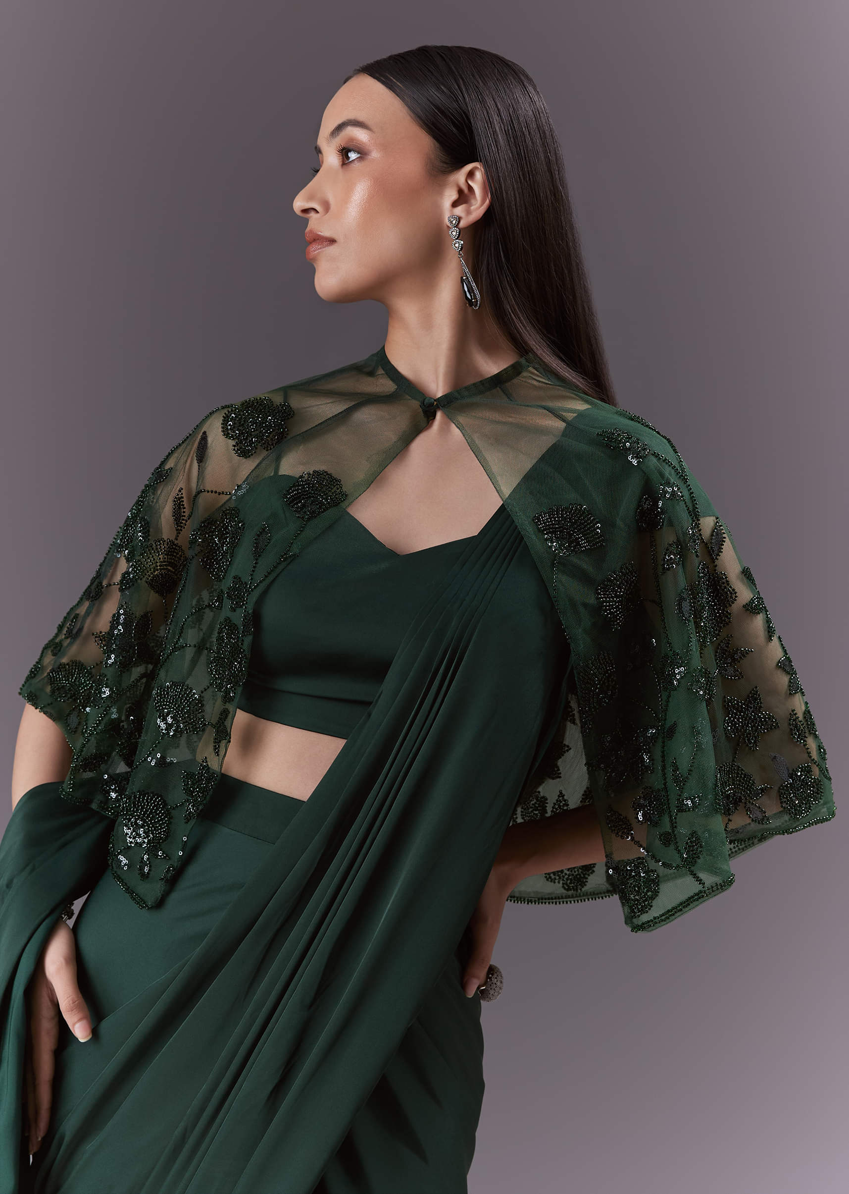 Green Satin Ready Pleated Saree With Embroidery - Image 5