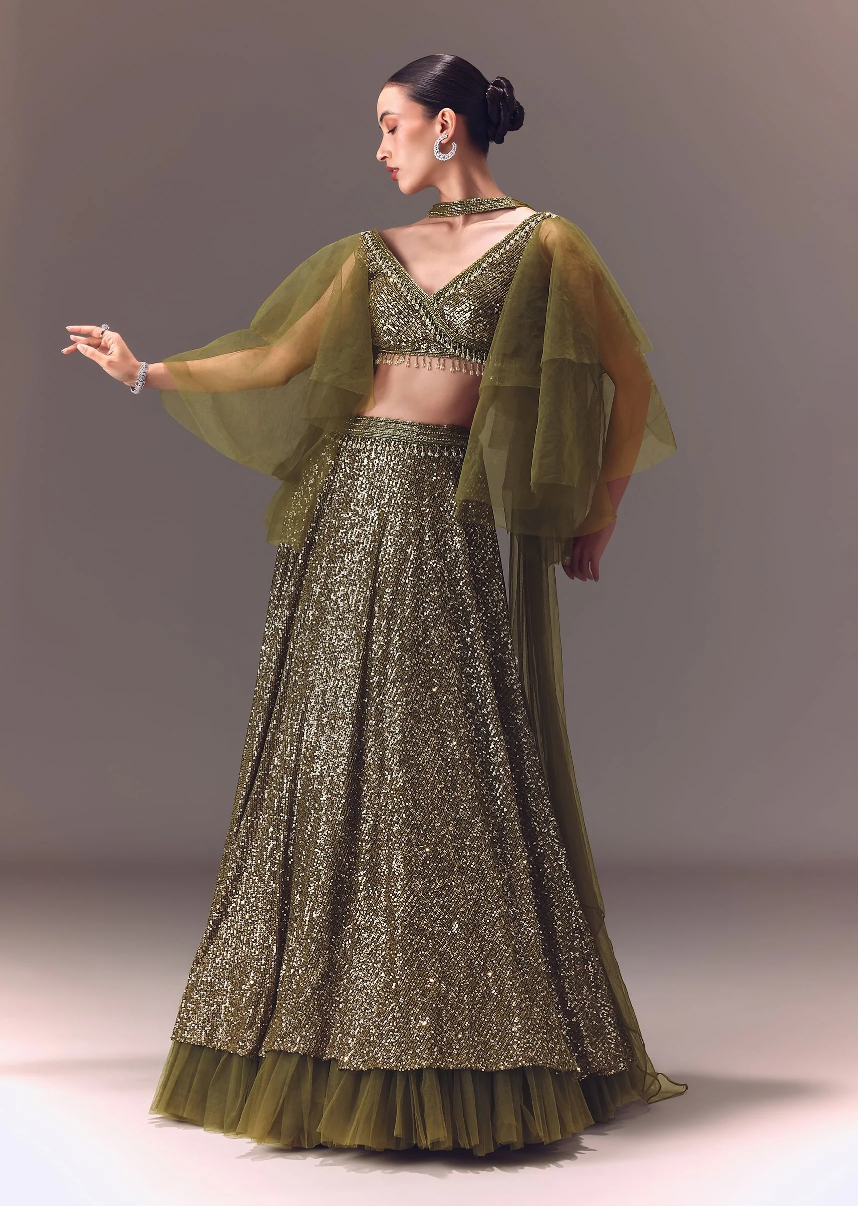 Green Sequin Frill Blouse With Lehenga And Choker Dupatta - Image 3
