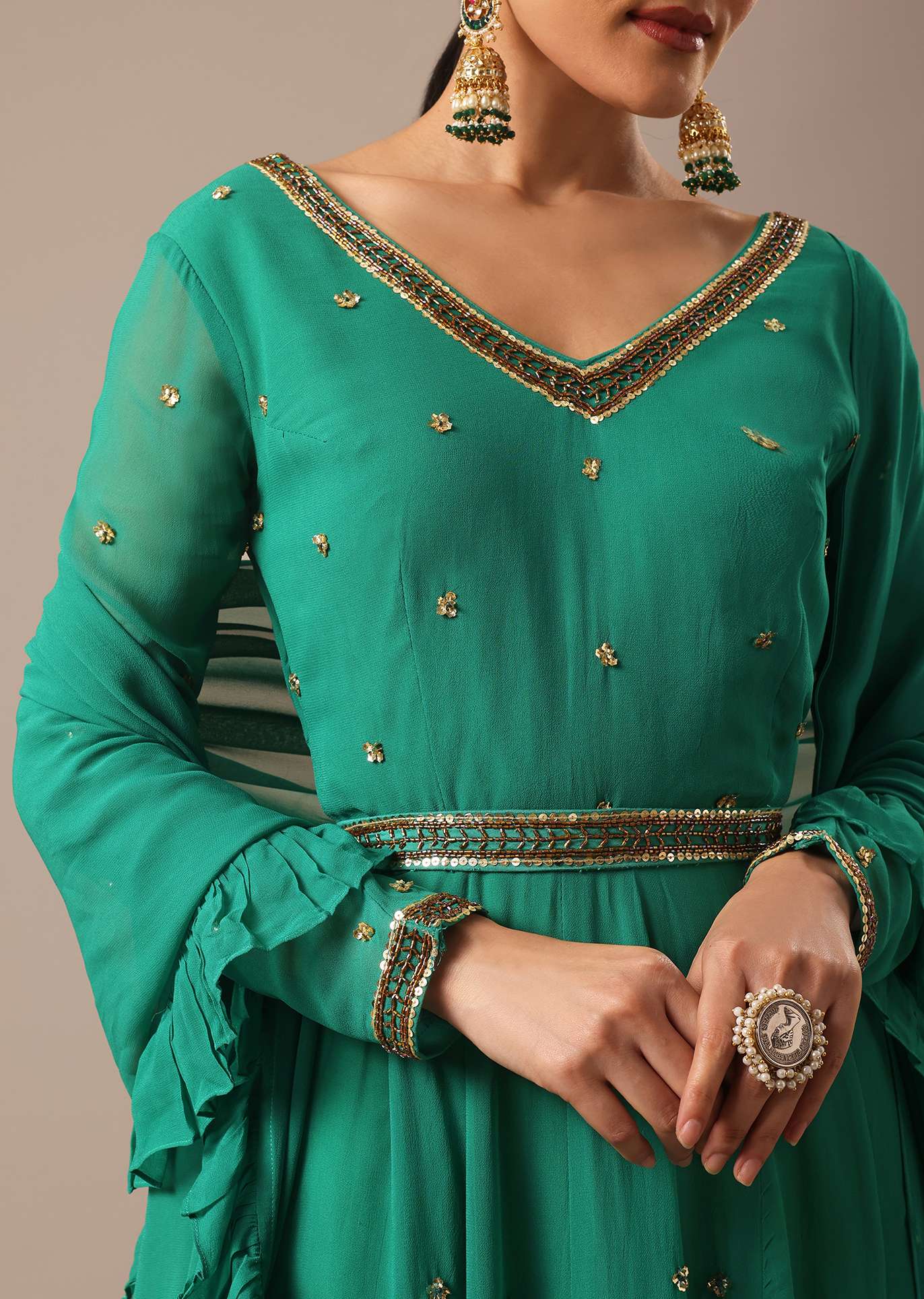 Green Sequin Work Anarkali Set With Embroidered Belt And Dupatta - Image 2