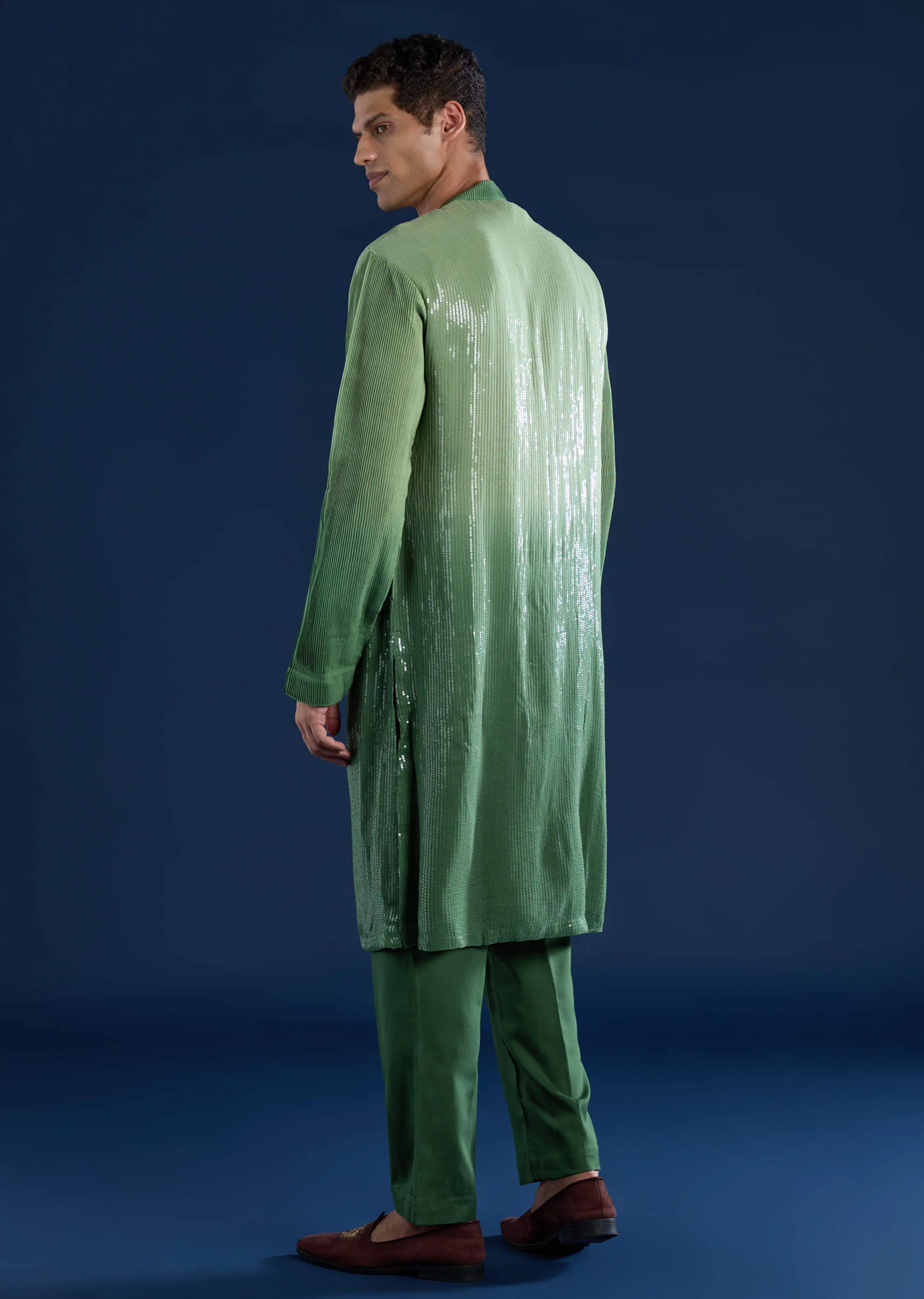 Green Sequin Work Mens Kurta and Pant Set - Image 5