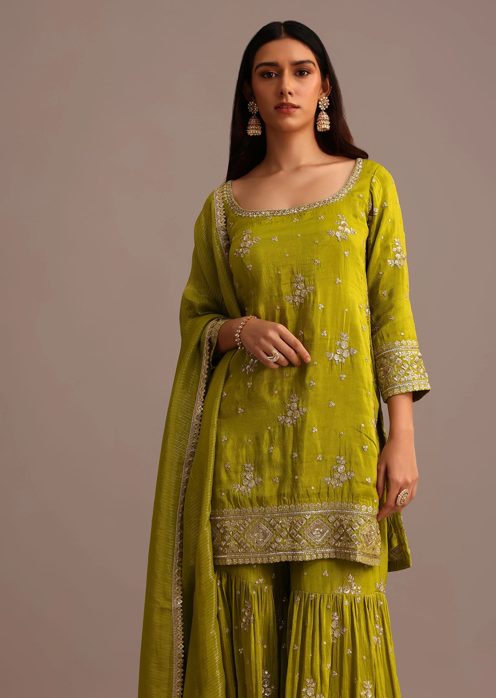 Green Sequins Kurti Sharara With Chanderi Banarasi Dupatta - Image 4