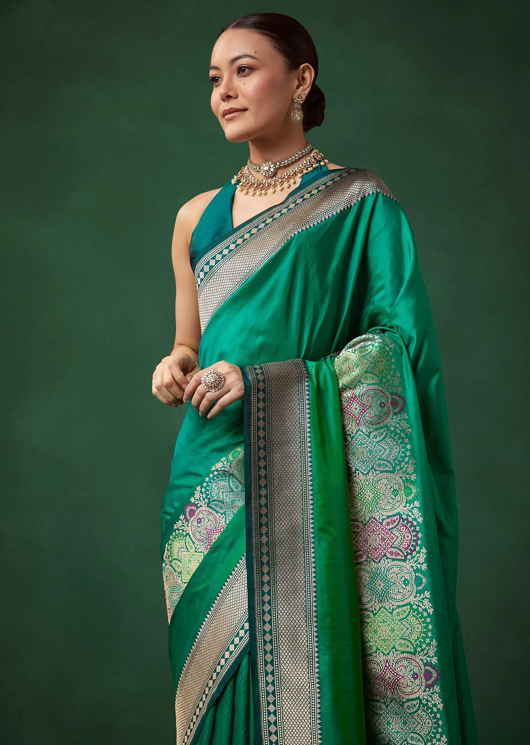 Green Shaded Banarasi Silk Saree with Unstitched Blouse - Image 5