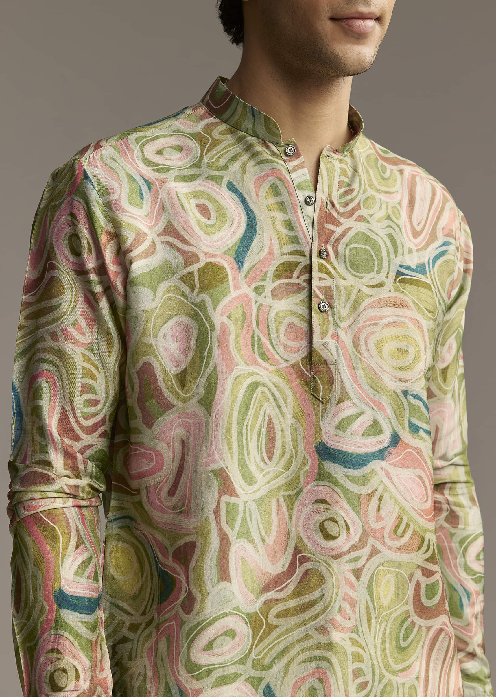 Green Silk Designer Kurta For Men With Abstract Print - Image 3