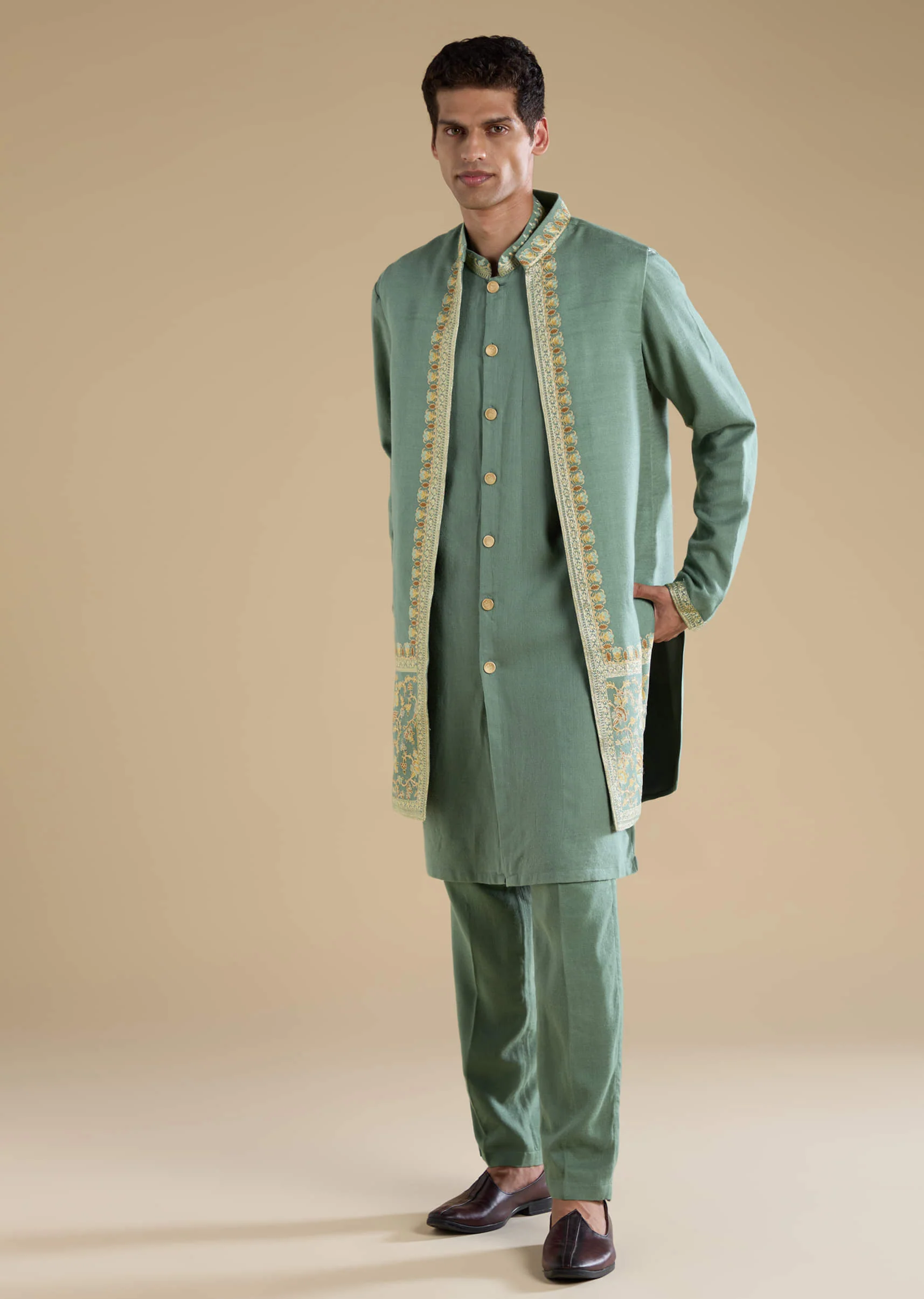 Green Silk Jacket Kurta Set with Resham Work - Image 3