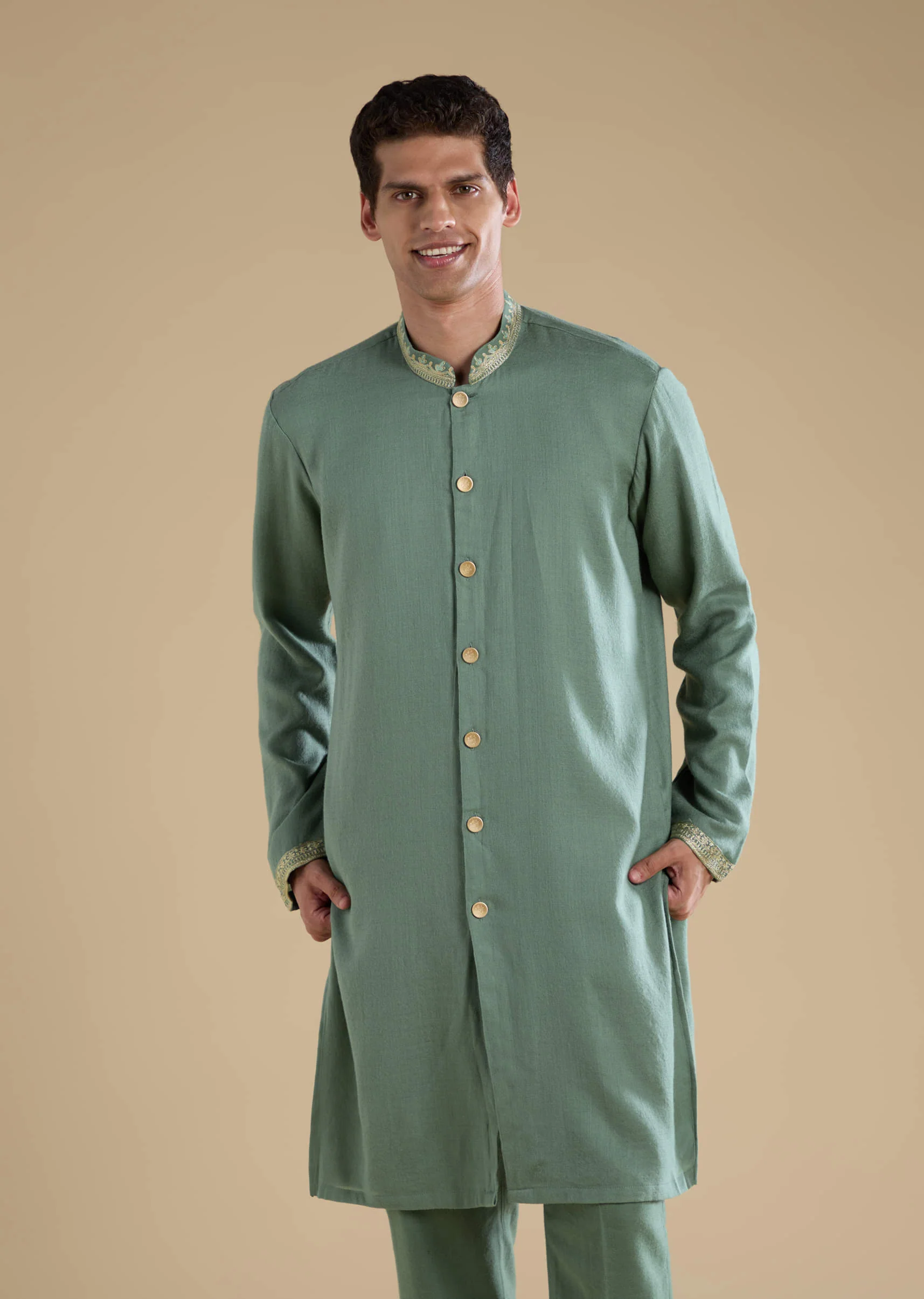 Green Silk Jacket Kurta Set with Resham Work - Image 6