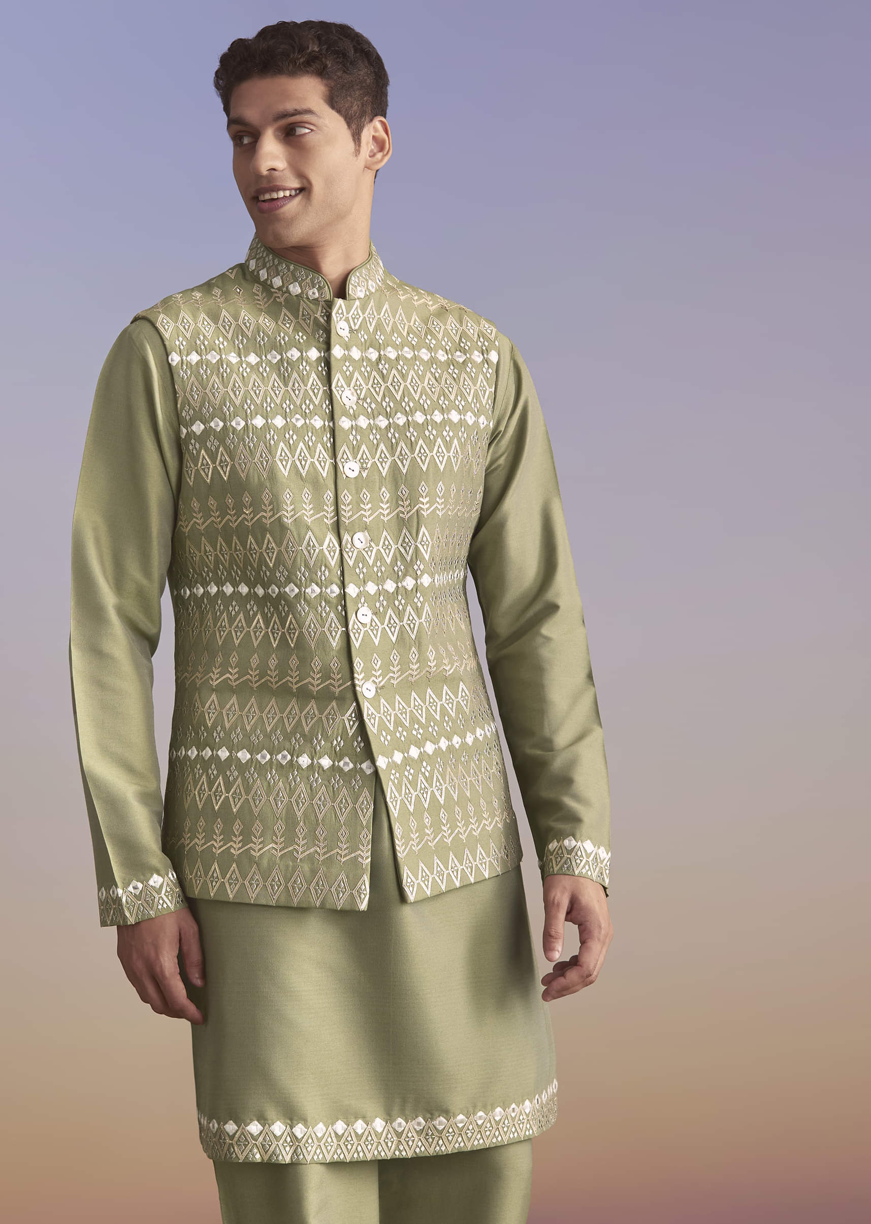 Green Silk Kurta Jacket Set For Men With Intricate Hand Embroidery - Image 4
