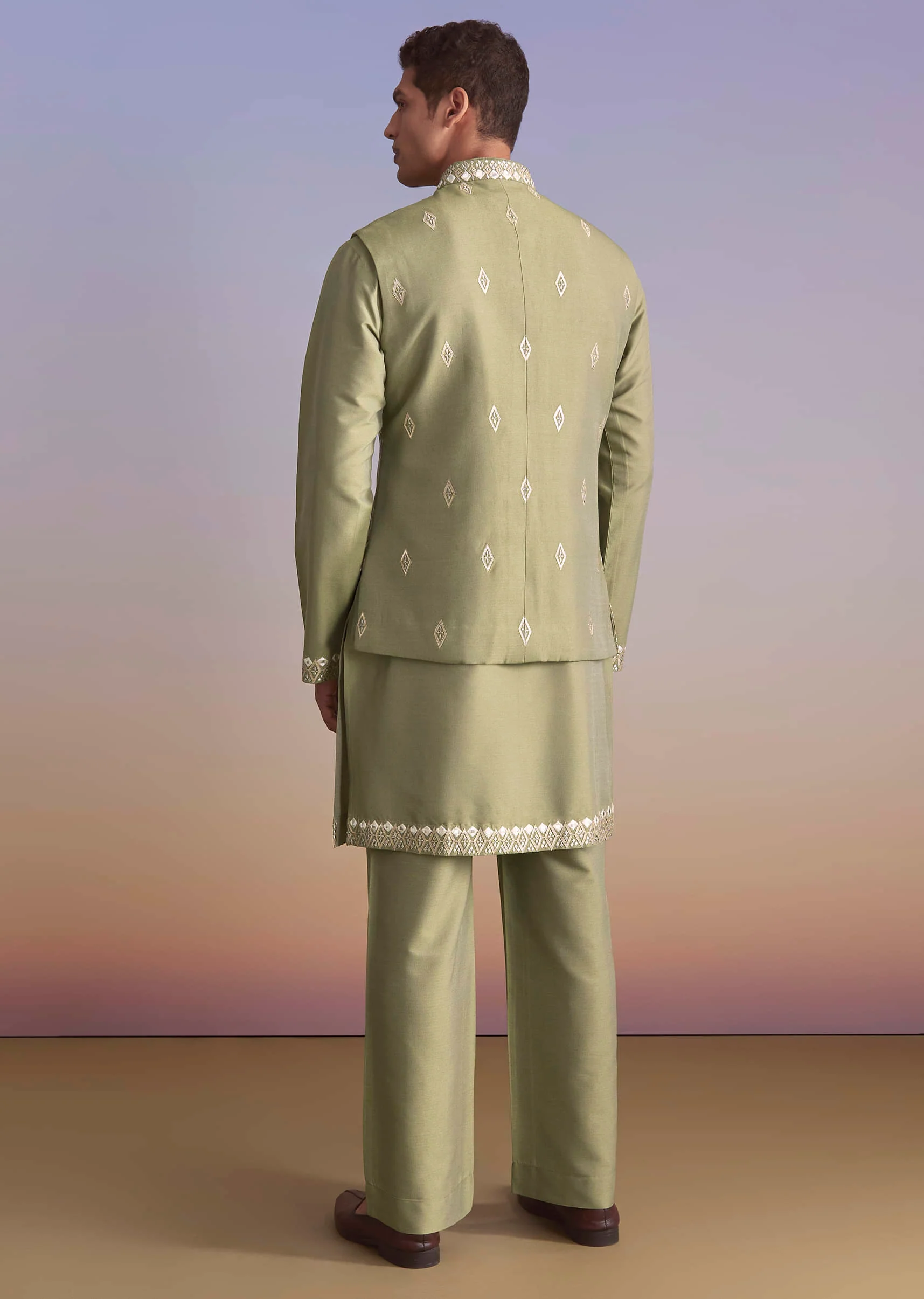 Green Silk Kurta Jacket Set For Men With Intricate Hand Embroidery - Image 5