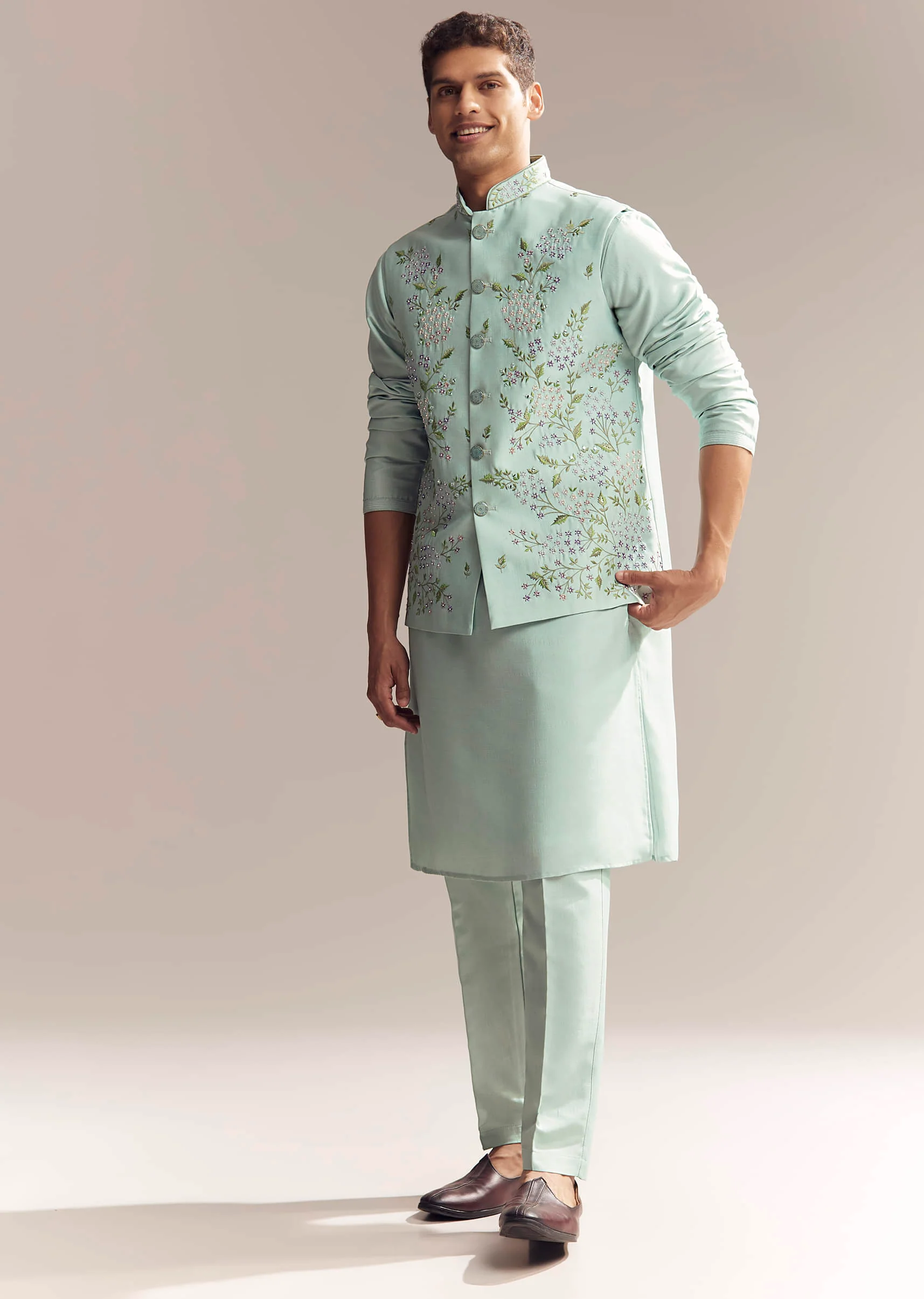 Green Silk Kurta Jacket Set For Men With Thread And Mirror Embroidery - Image 3
