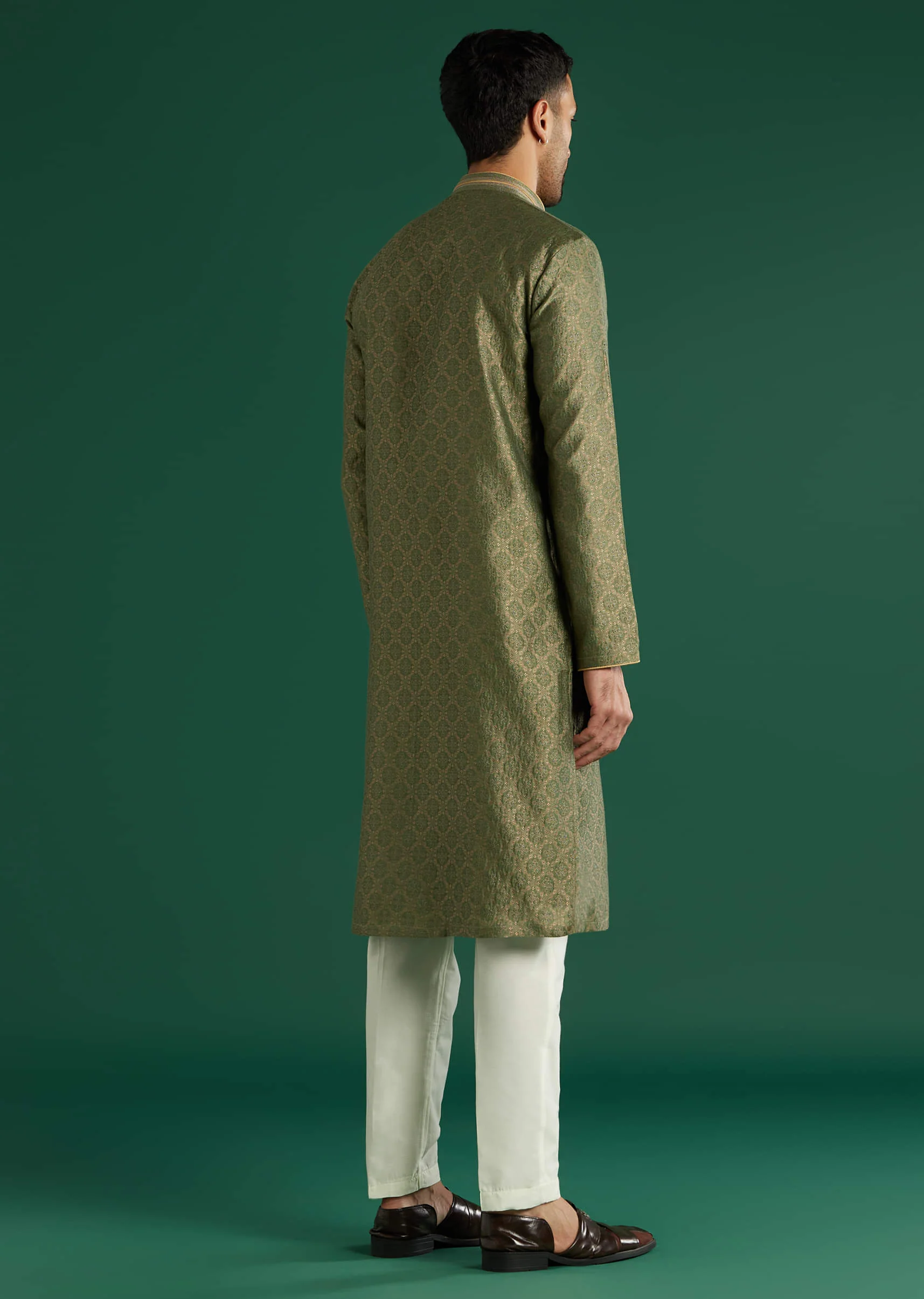 Green Silk Kurta Set For Men With Brocade Work - Image 3