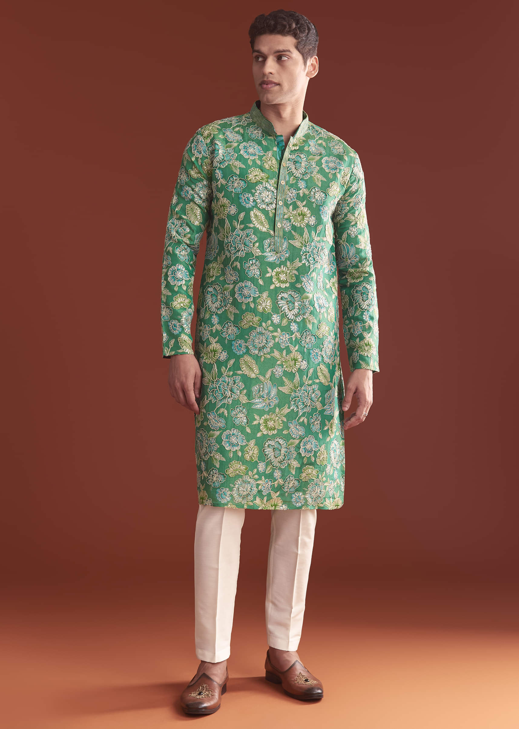 Green Silk Kurta Set For Men With Floral Resham Work - Image 2