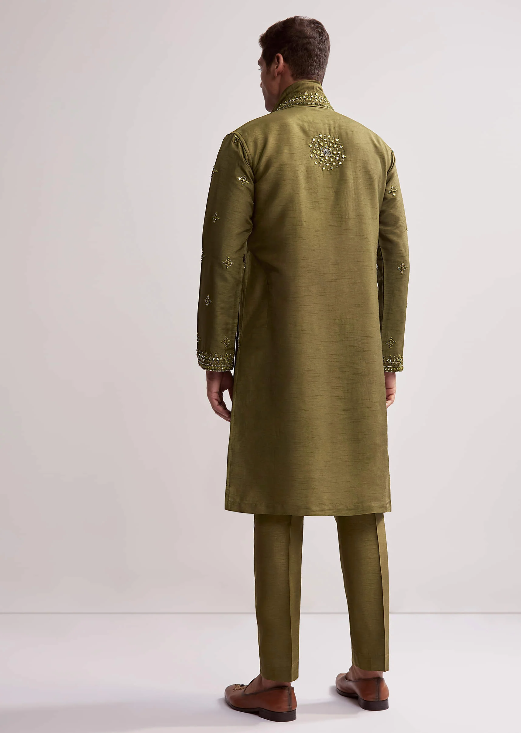Green Silk Kurta Set For Men With Hand Embroidery - Image 5