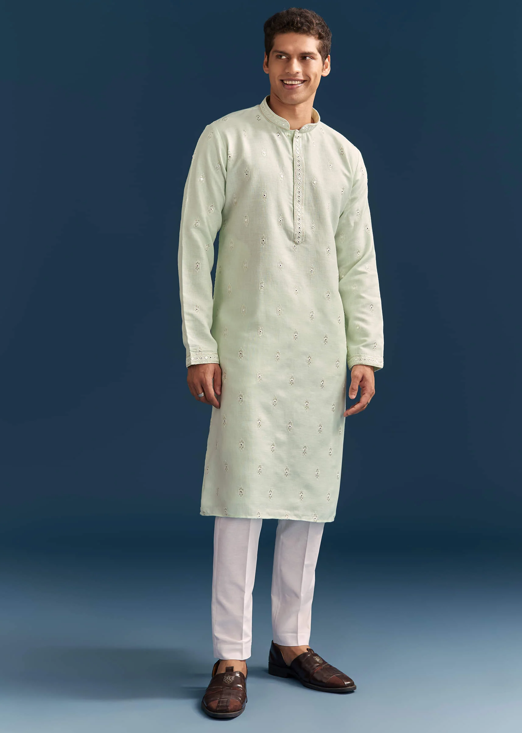 Green Silk Kurta Set For Men With Mirror Embroidery - Image 2
