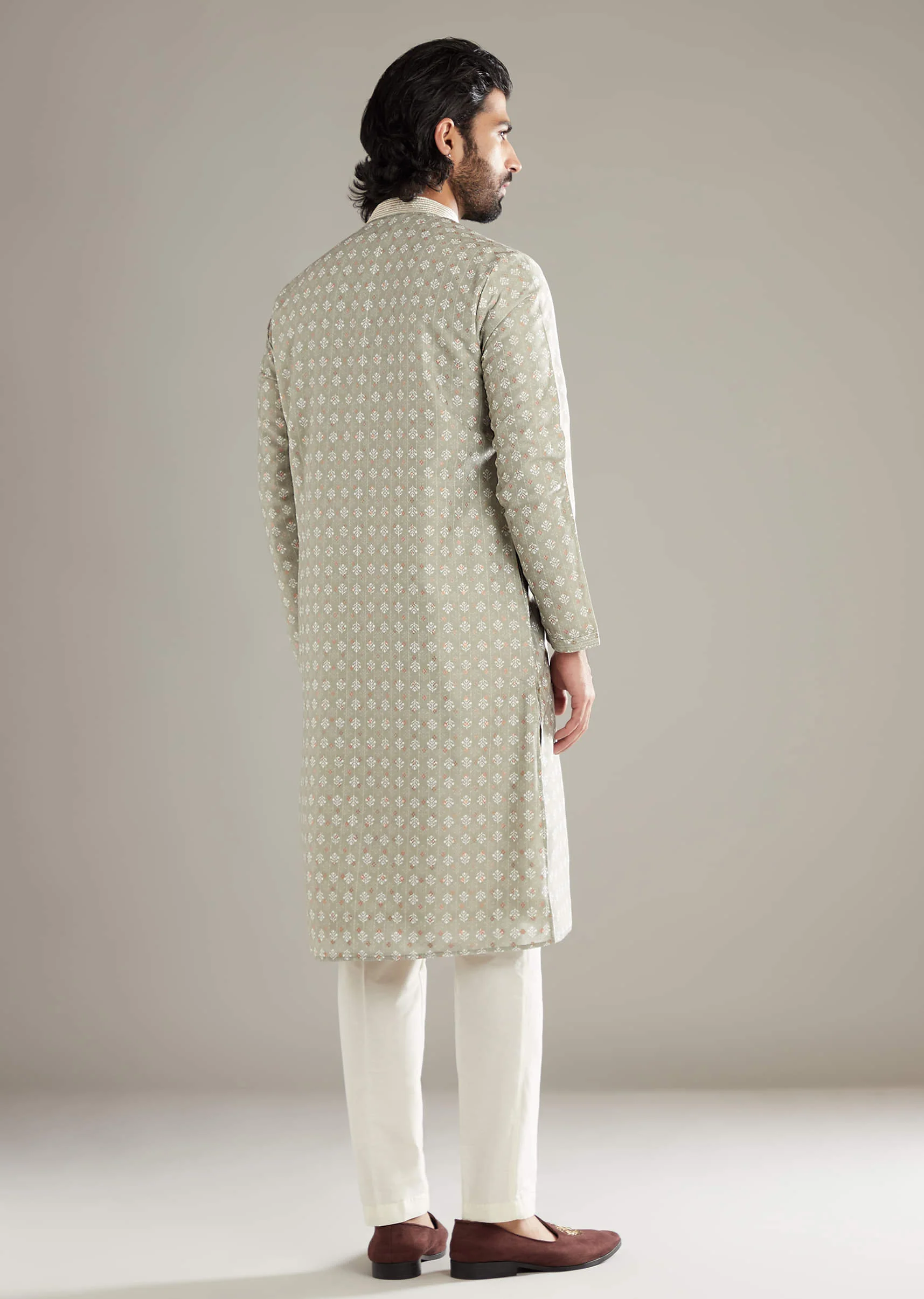 Green Silk Kurta Set For Men With Printed Motifs - Image 3