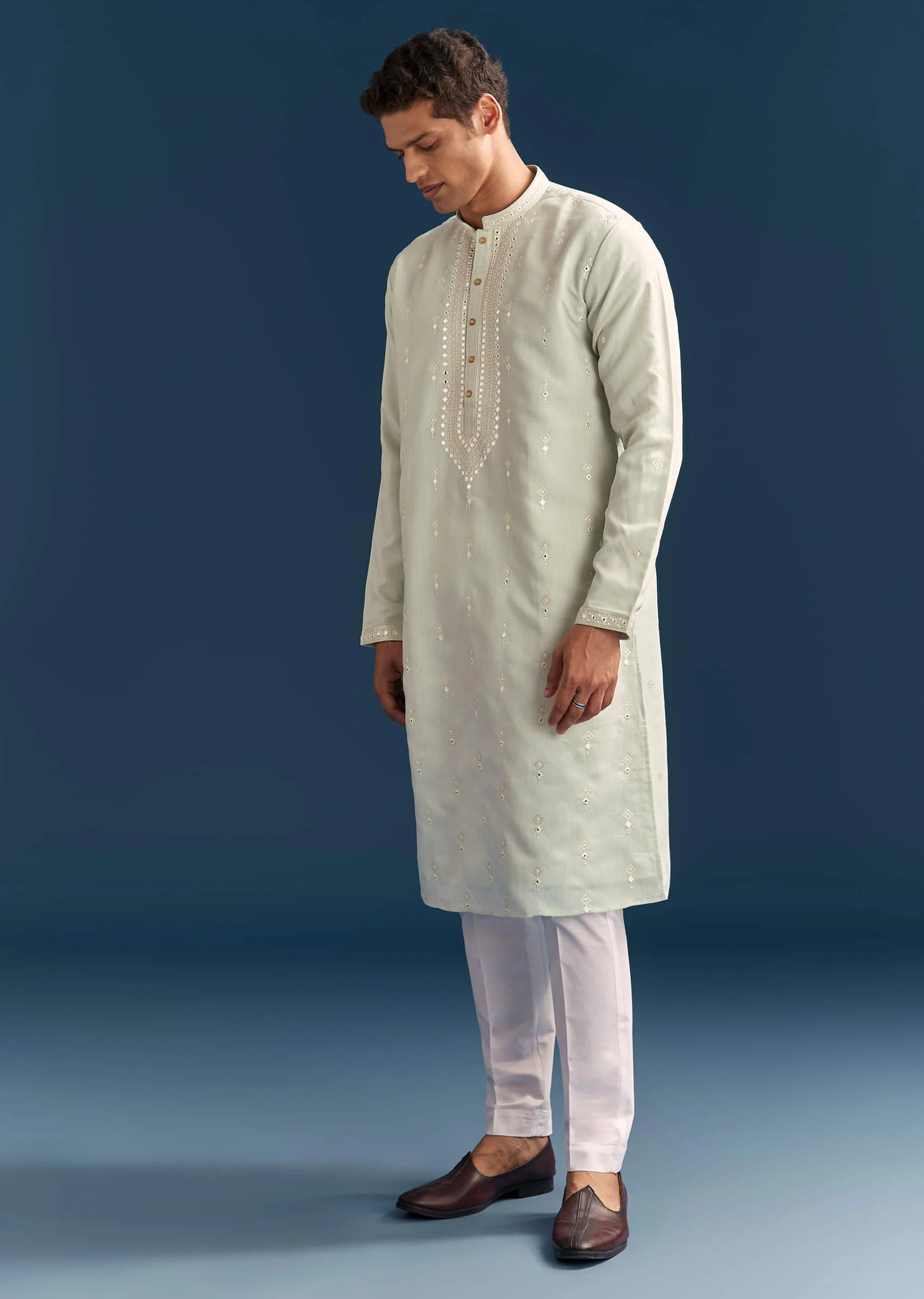 Green Silk Kurta Set For Men With Thread And Mirror Embroidery - Image 4