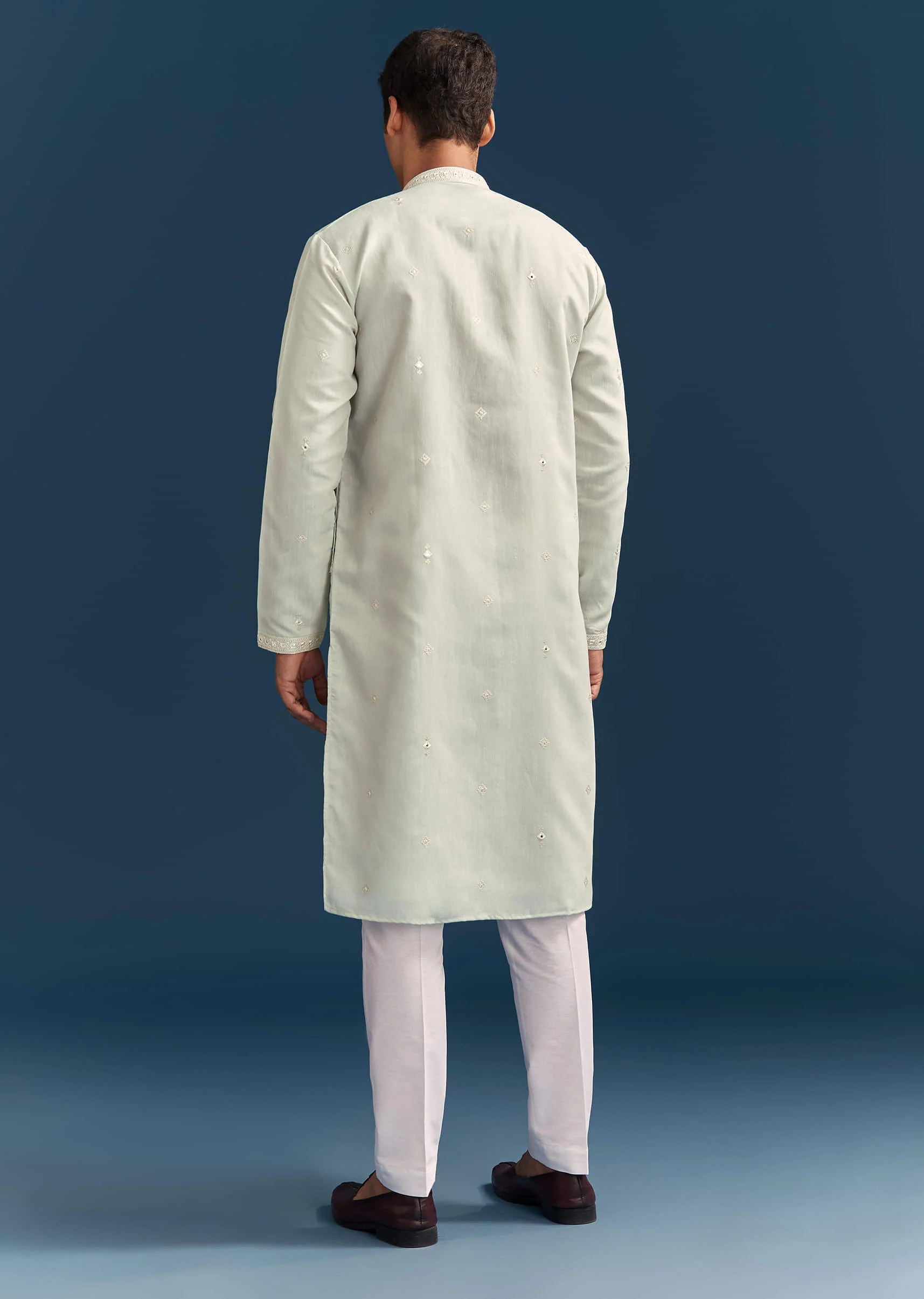 Green Silk Kurta Set For Men With Thread And Mirror Embroidery - Image 5