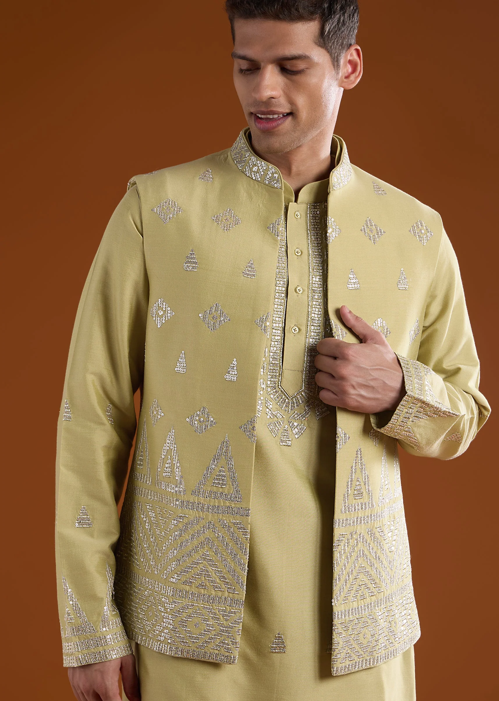 Green Silk Mens Kurta Jacket Set With Zari And Sequins Work - Image 2