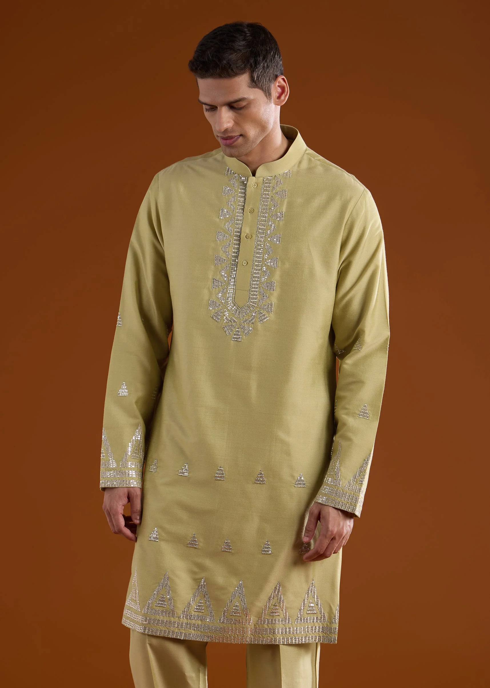 Green Silk Mens Kurta Jacket Set With Zari And Sequins Work - Image 6