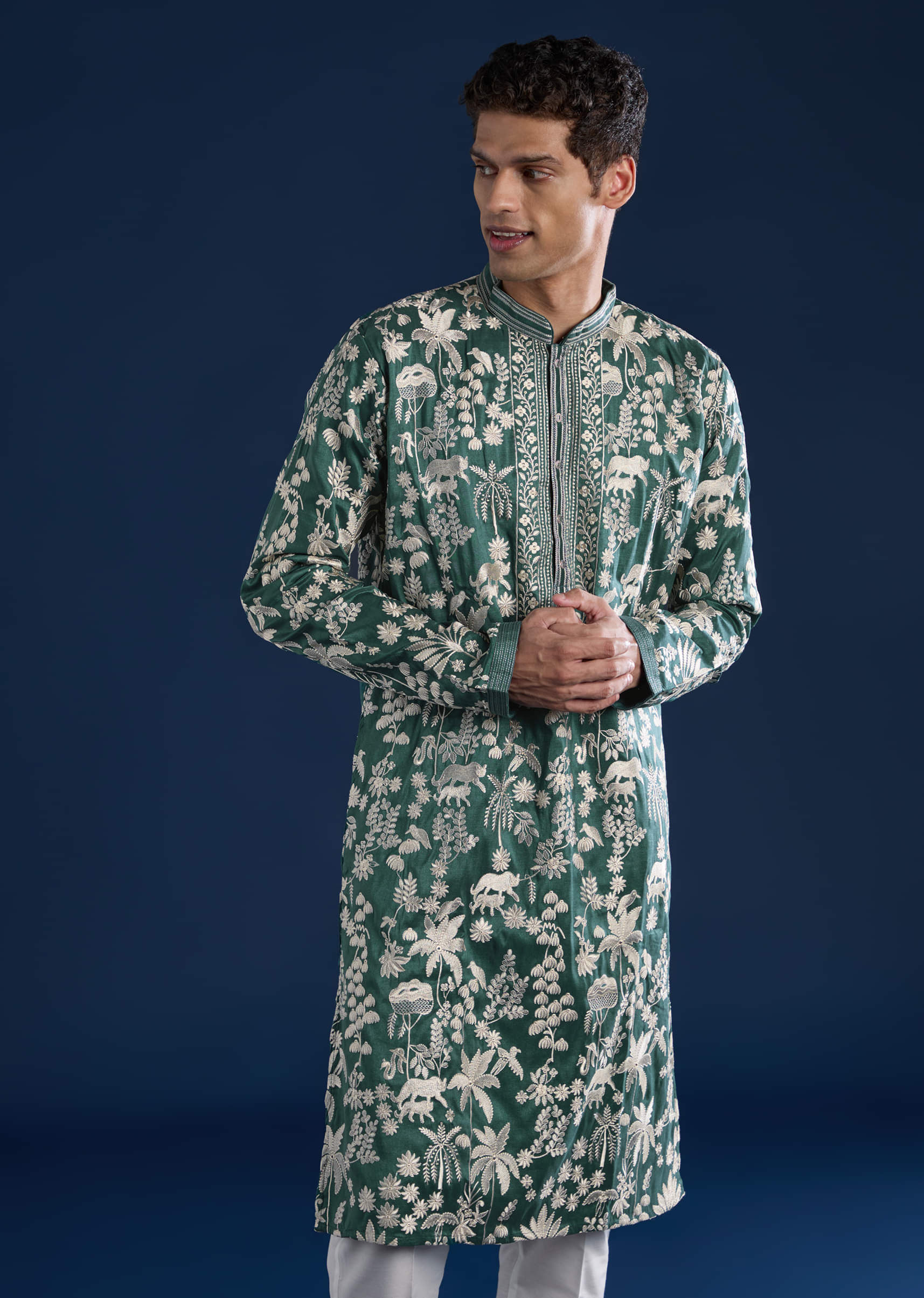 Green Silk Mirror Embellished Mens Kurta and Pant Set - Image 3