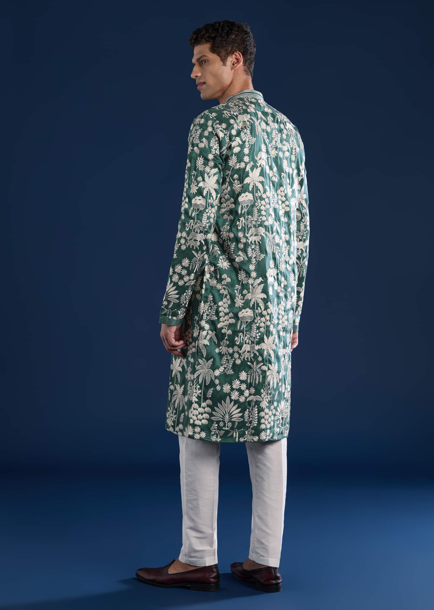 Green Silk Mirror Embellished Mens Kurta and Pant Set - Image 5