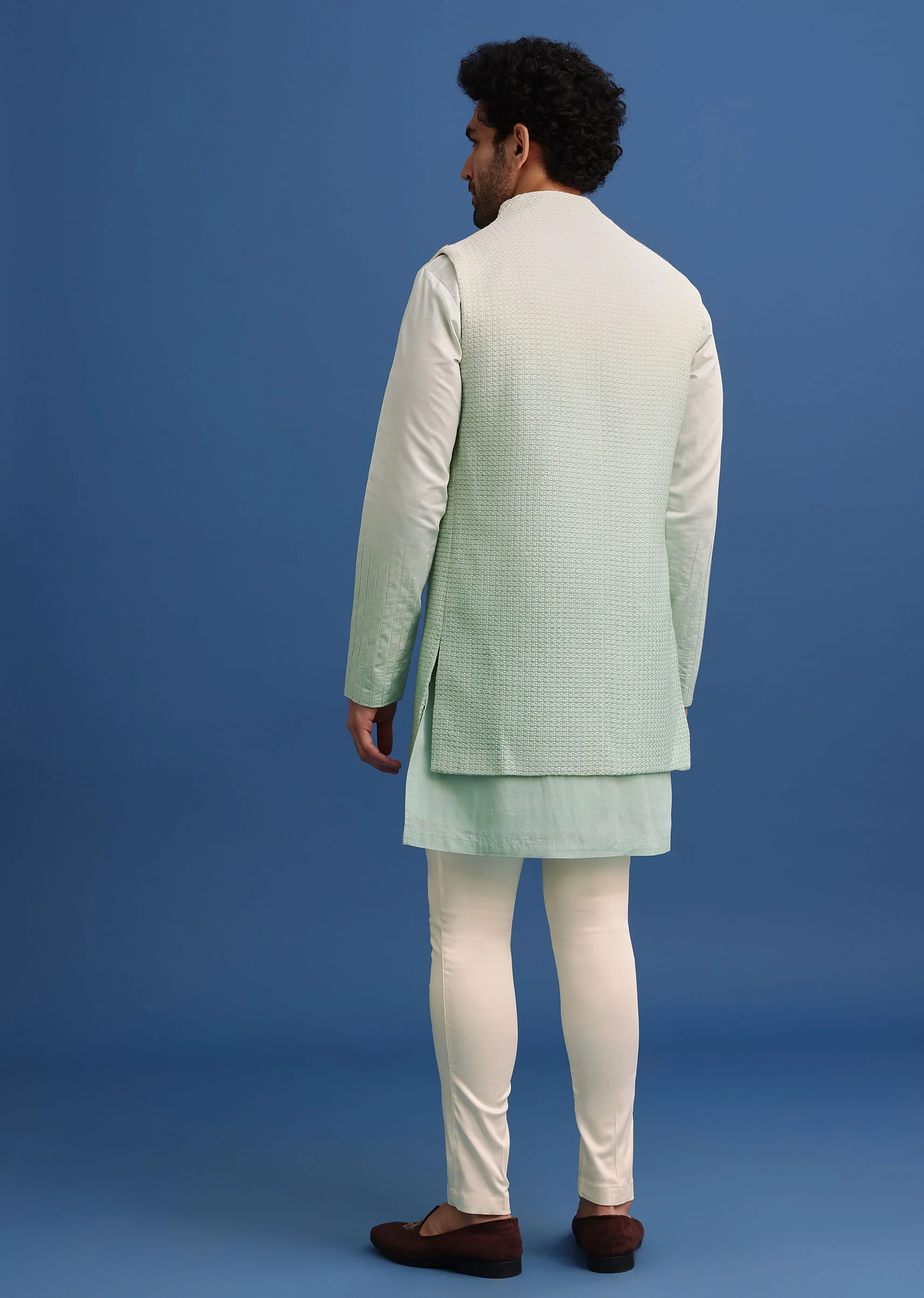 Green Silk Ombre Zardosi Kurta Jacket Set - Image 5