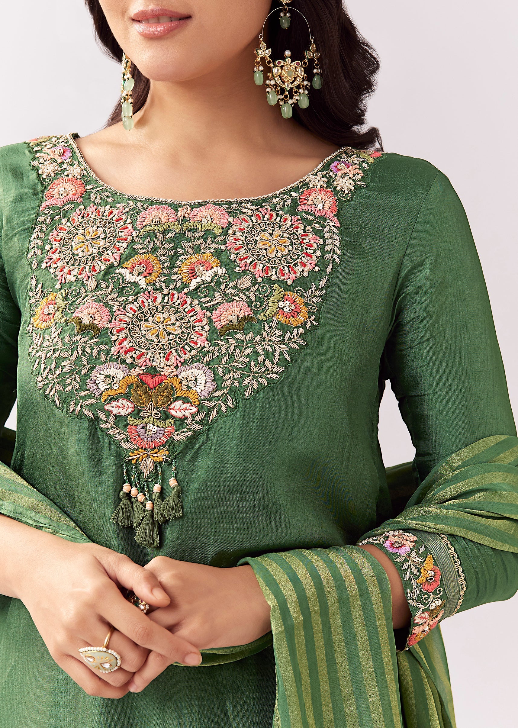 Green Silk Palazzo Set With Zardozi Thread Work - Image 2