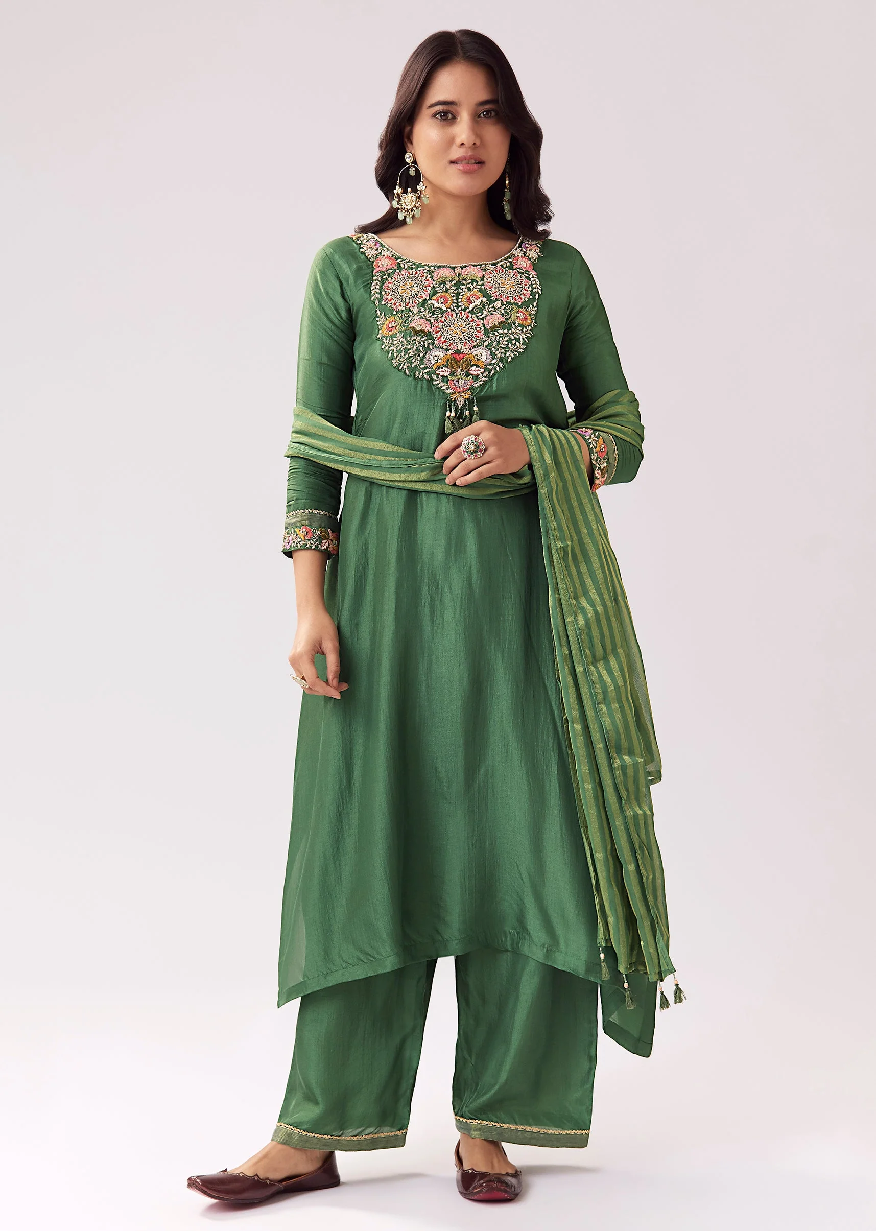 Green Silk Palazzo Set With Zardozi Thread Work - Image 3