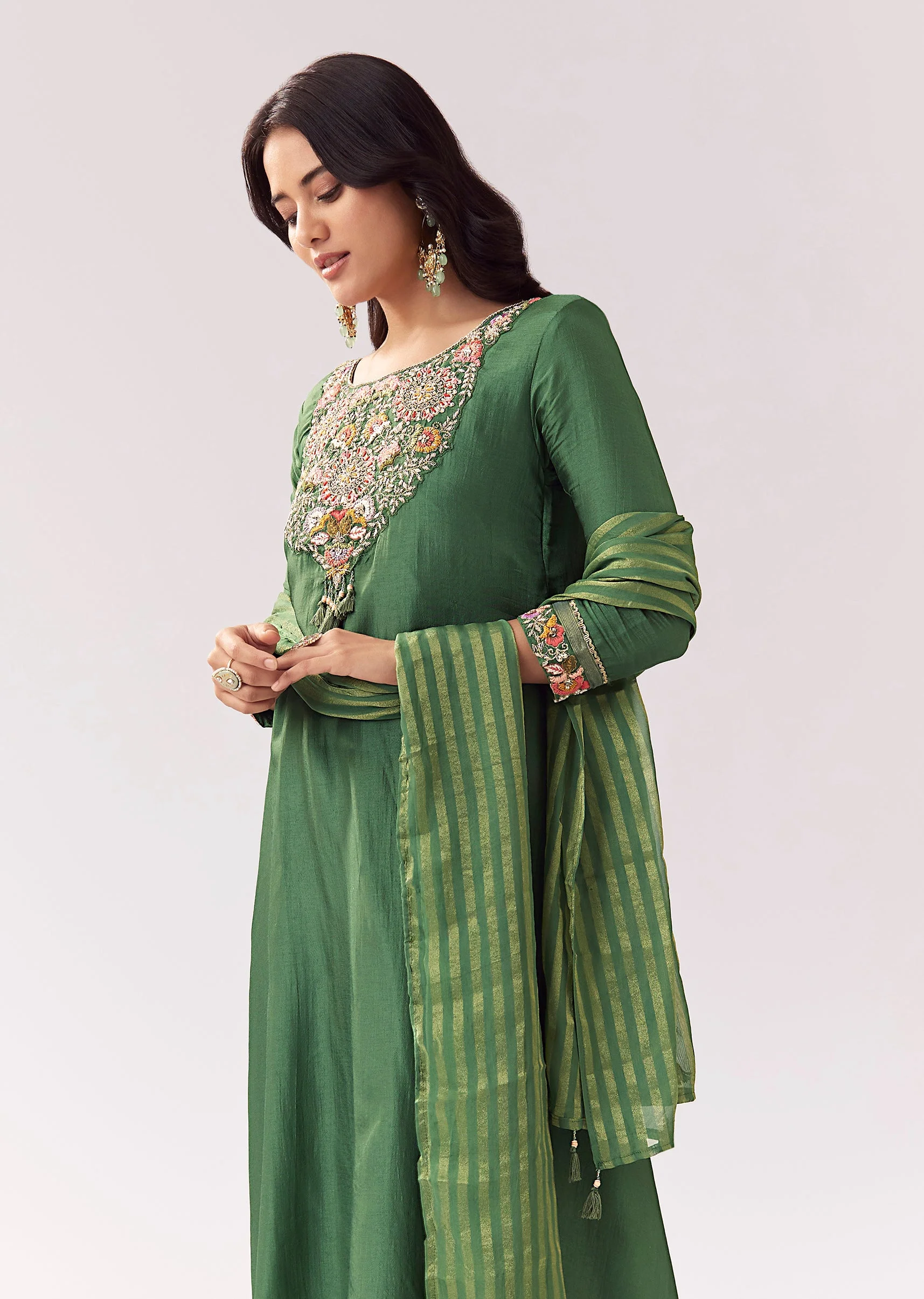 Green Silk Palazzo Set With Zardozi Thread Work - Image 4