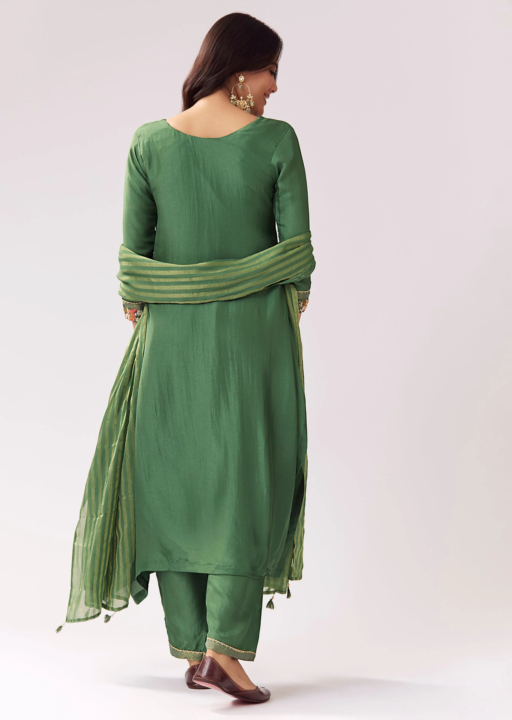 Green Silk Palazzo Set With Zardozi Thread Work - Image 5