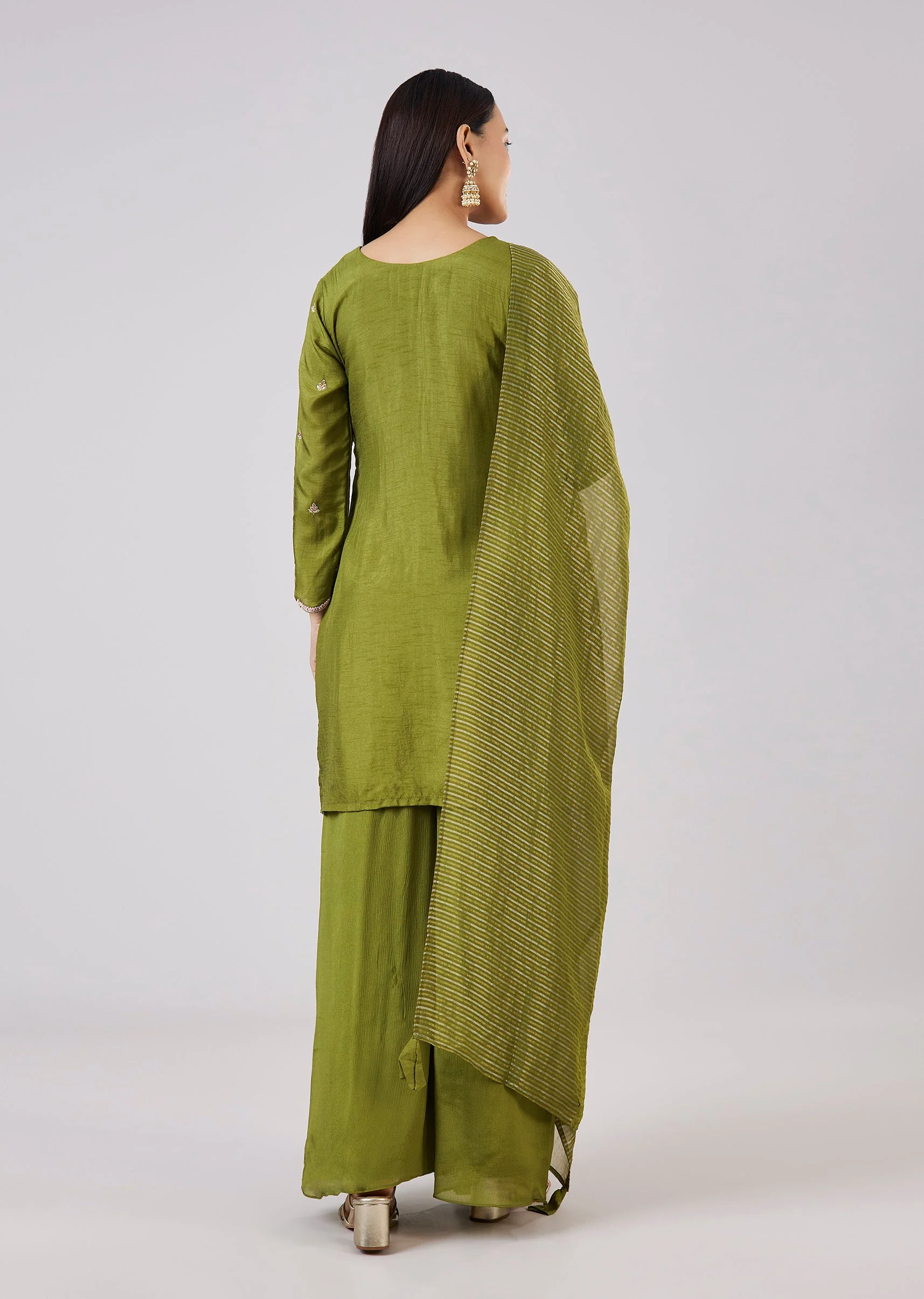 Green Silk Palazzo Set With Zari And Sequins Work - Image 5