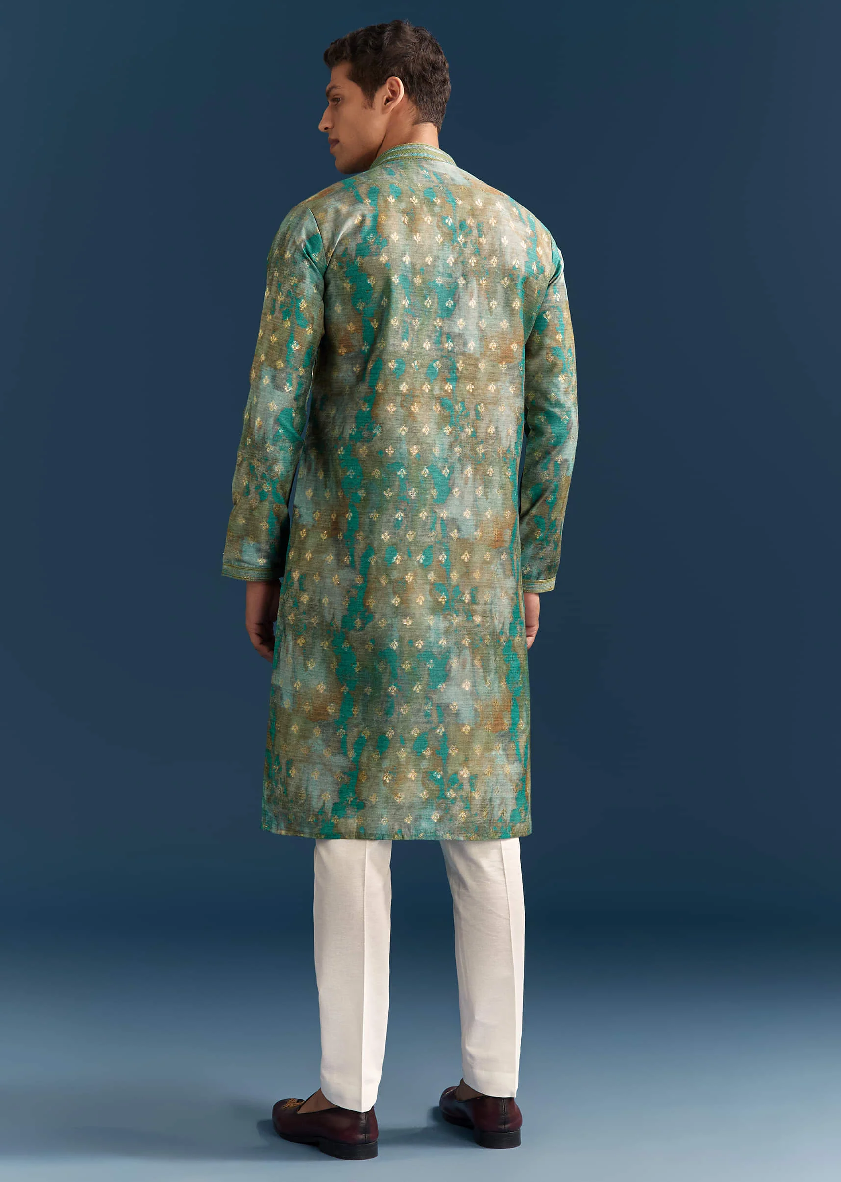 Green Silk Printed Kurta Set For Men With Foil Butti Embroidery - Image 5