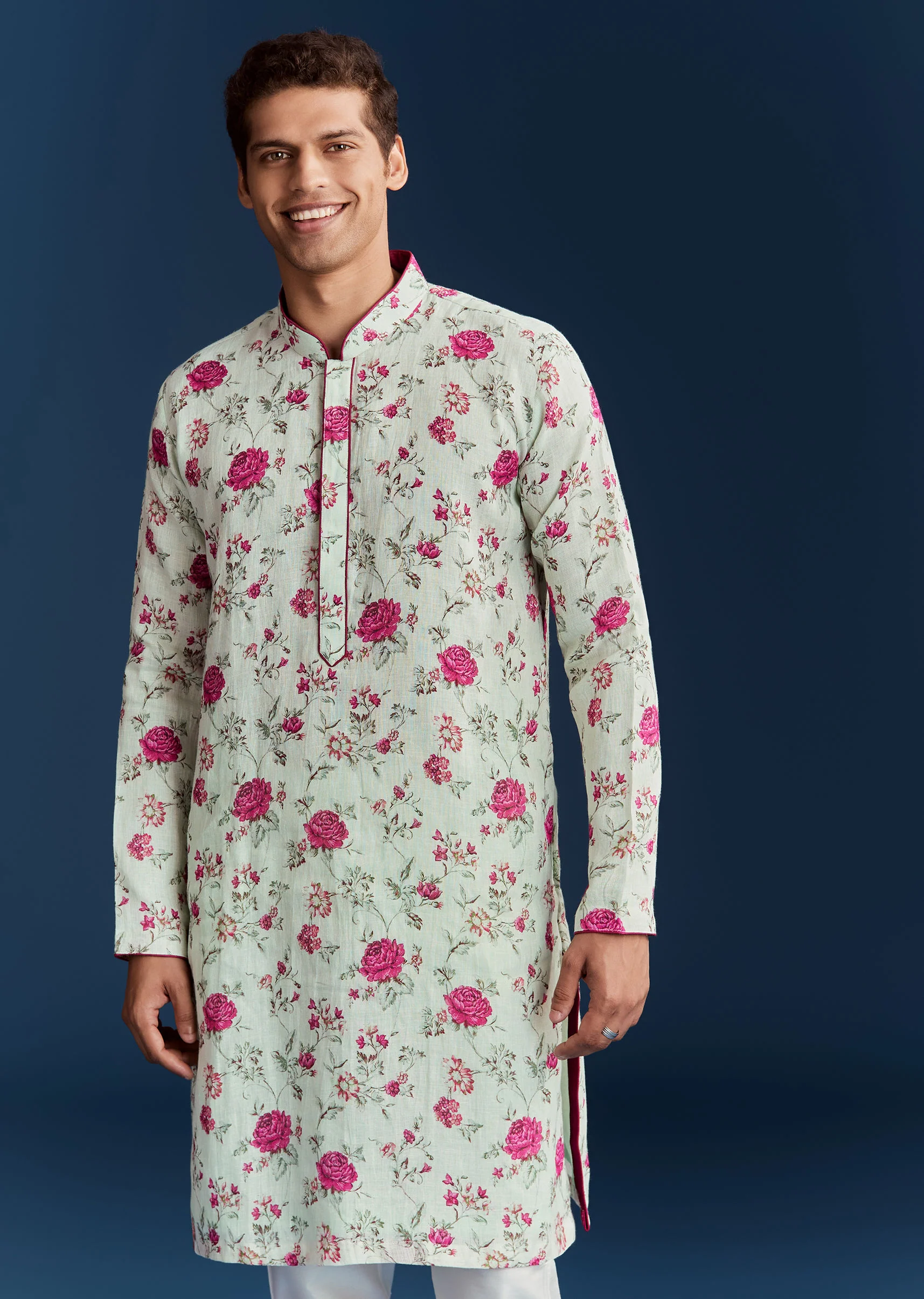 Green Silk Printed Kurta With Floral Sequins And Stone Work - Image 6